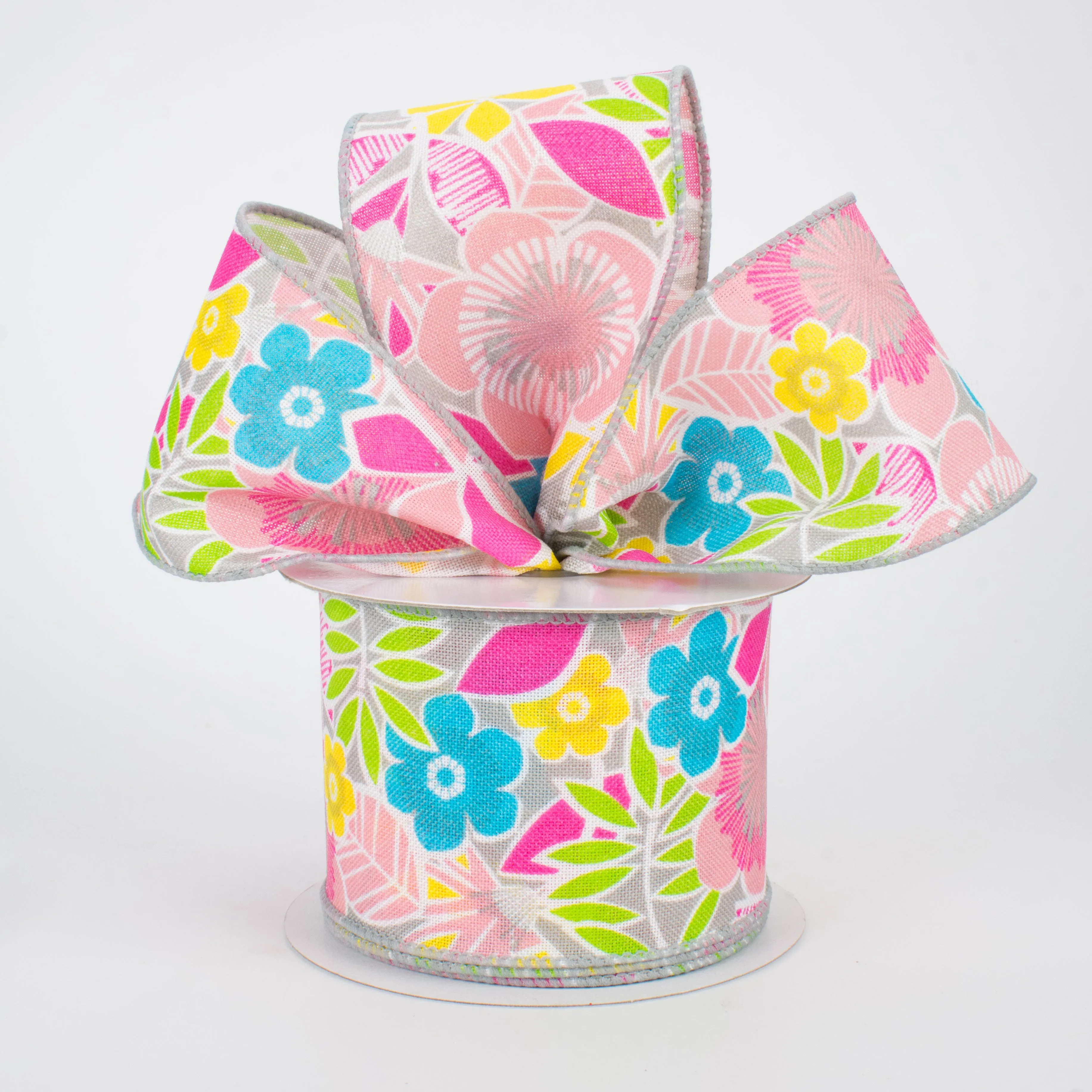 2.5" Tropical Flowers Ribbon: Grey (10 Yards)