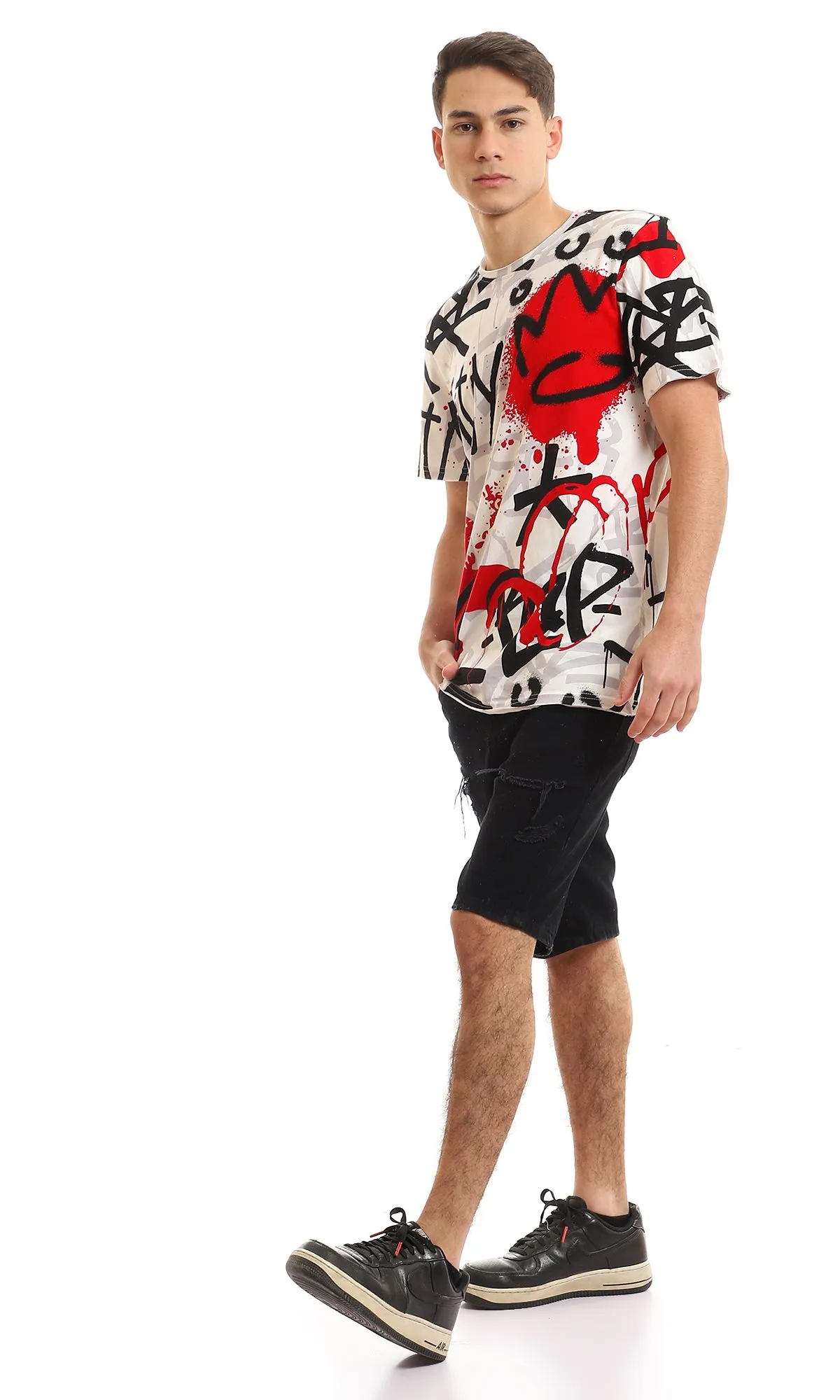 97183 Graffiti Printed Short Sleeves T-Shirt - Red & Black