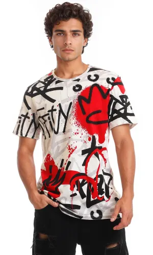 97183 Graffiti Printed Short Sleeves T-Shirt - Red & Black