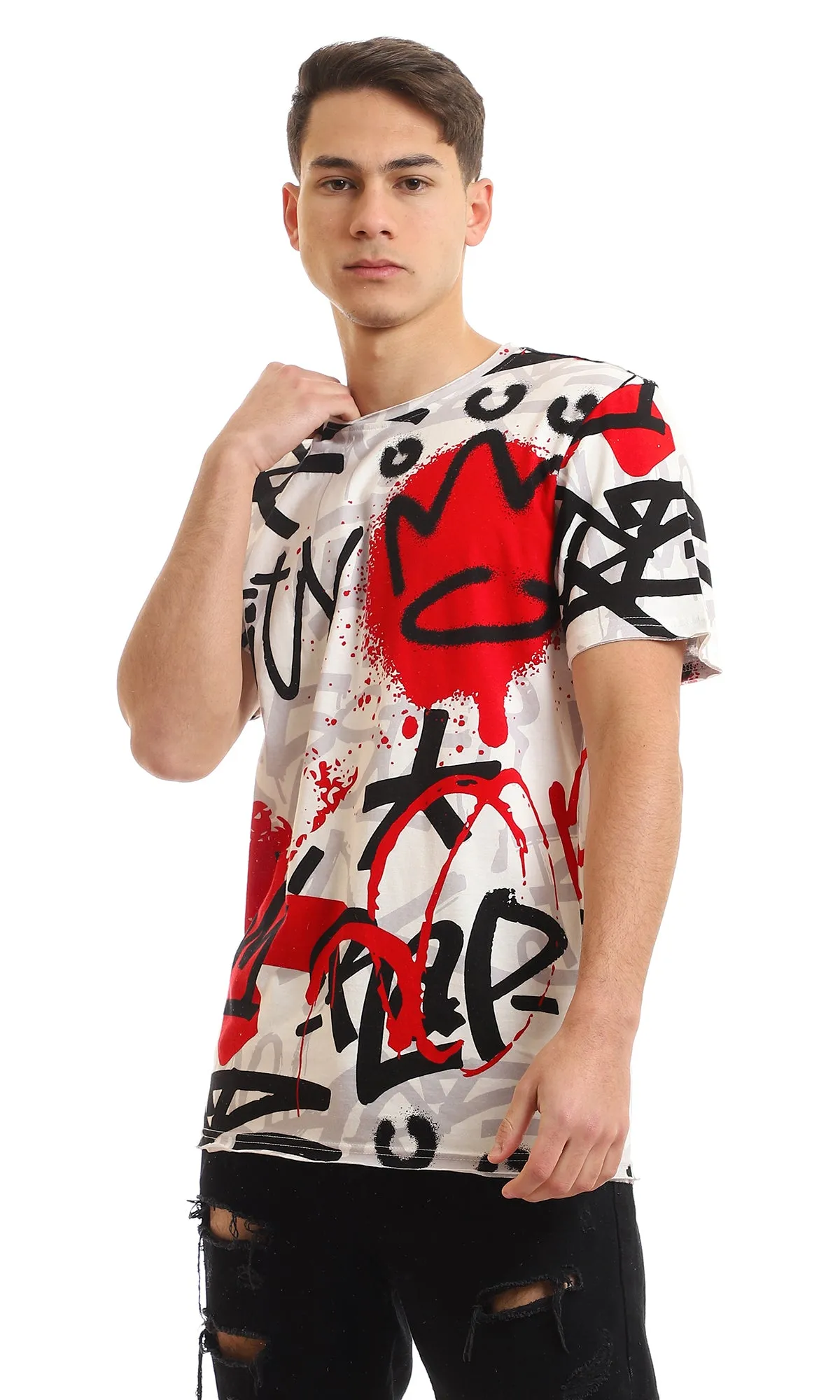 97183 Graffiti Printed Short Sleeves T-Shirt - Red & Black