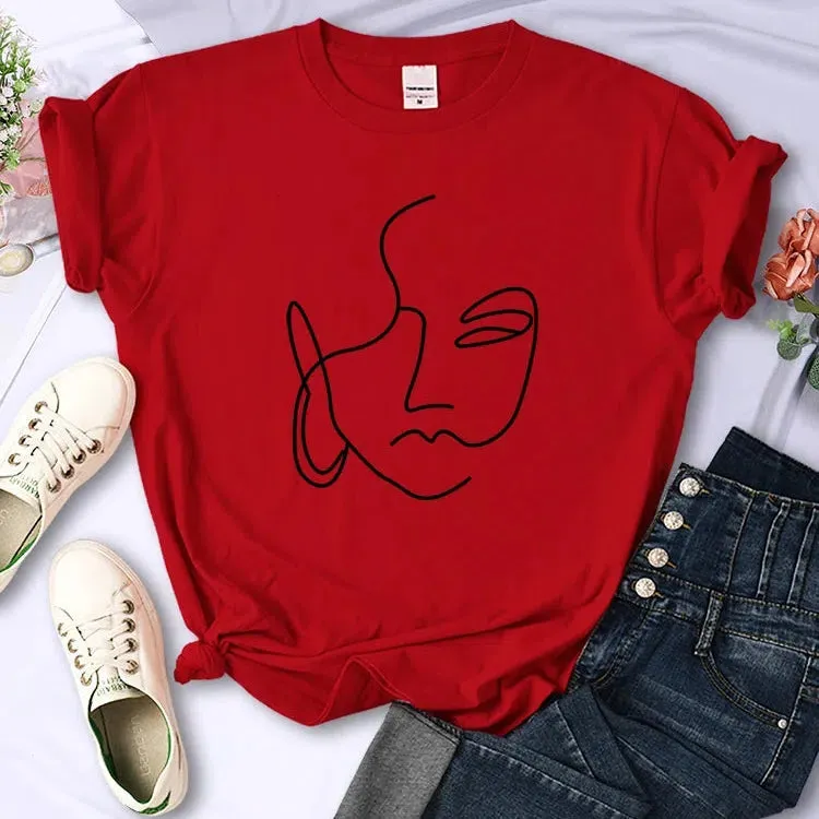 Abstract Simple Stroke Face Prints Women T-Shirts Soft Casual Tops