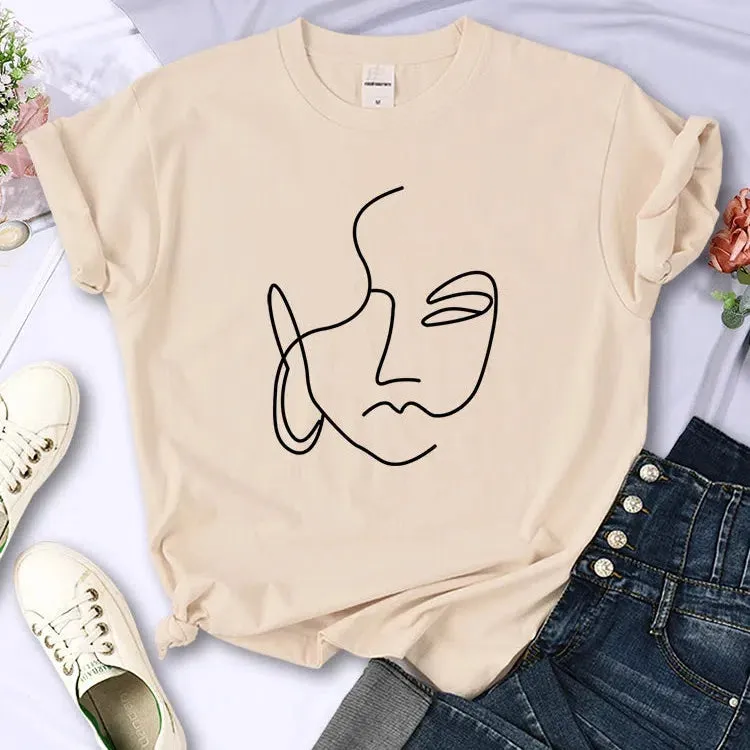 Abstract Simple Stroke Face Prints Women T-Shirts Soft Casual Tops