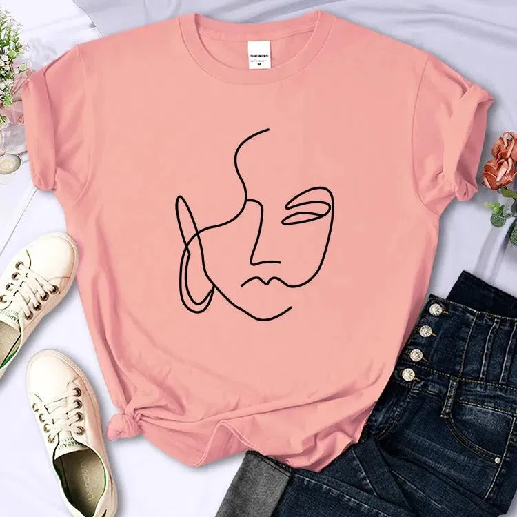 Abstract Simple Stroke Face Prints Women T-Shirts Soft Casual Tops