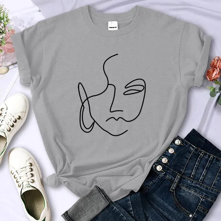 Abstract Simple Stroke Face Prints Women T-Shirts Soft Casual Tops