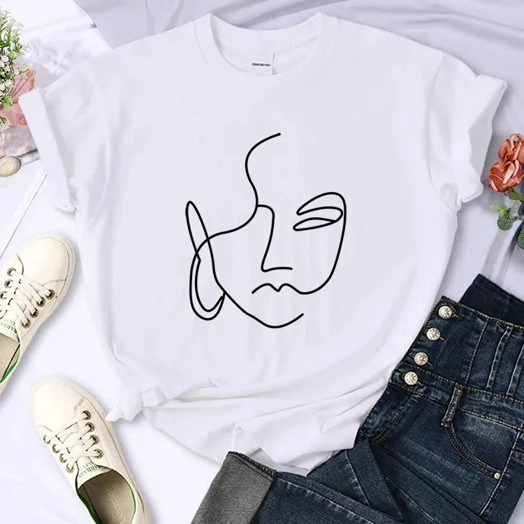 Abstract Simple Stroke Face Prints Women T-Shirts Soft Casual Tops