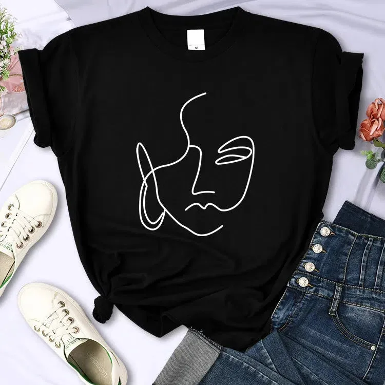 Abstract Simple Stroke Face Prints Women T-Shirts Soft Casual Tops