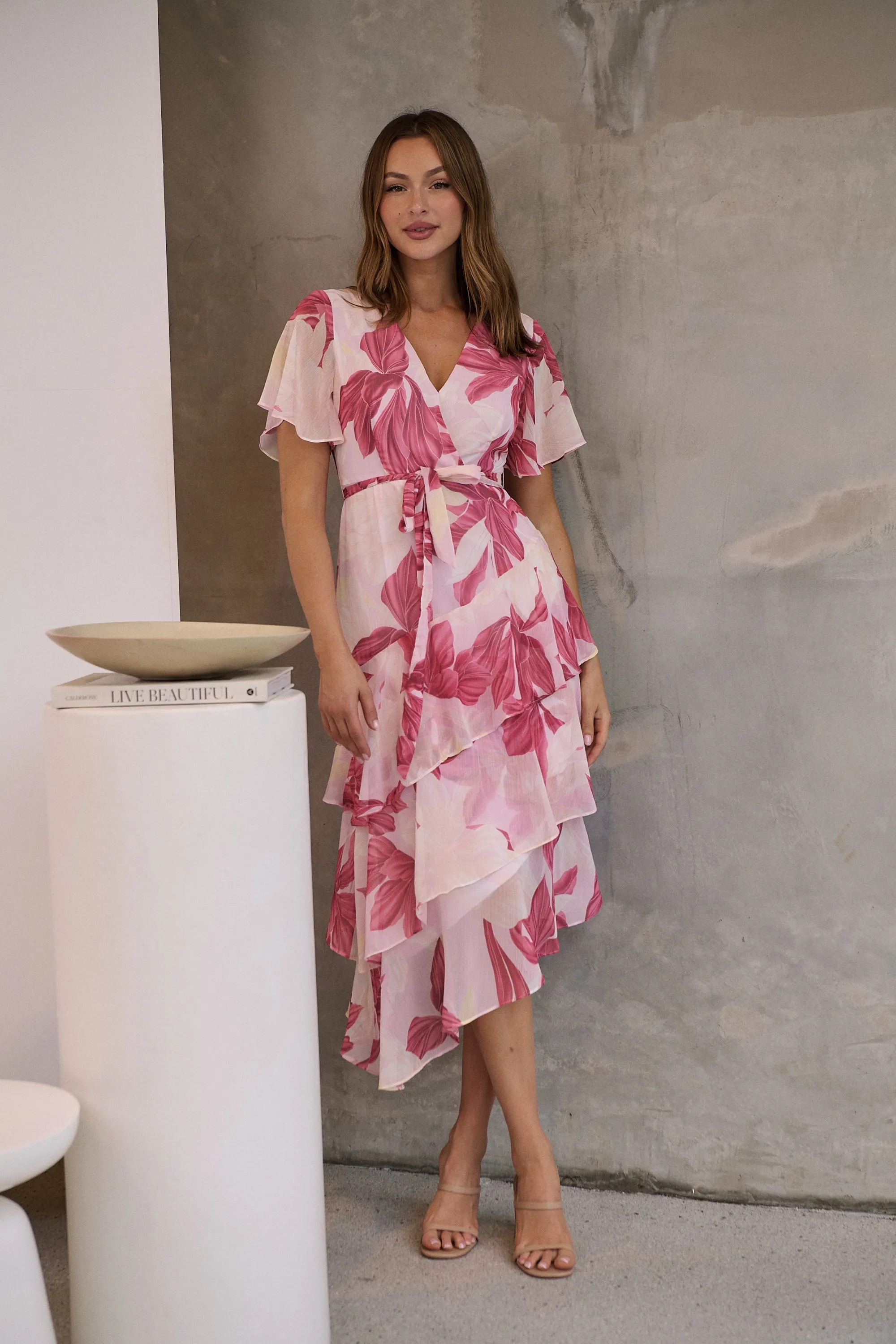 Aida Floral Pink Chiffon X/Over Frill Sleeve Evening Dress