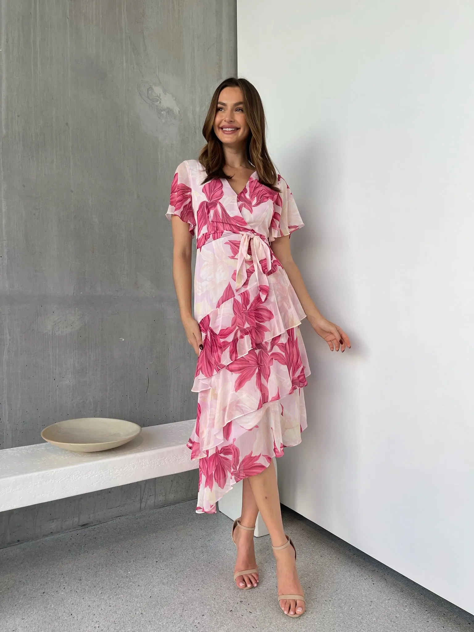 Aida Floral Pink Chiffon X/Over Frill Sleeve Evening Dress