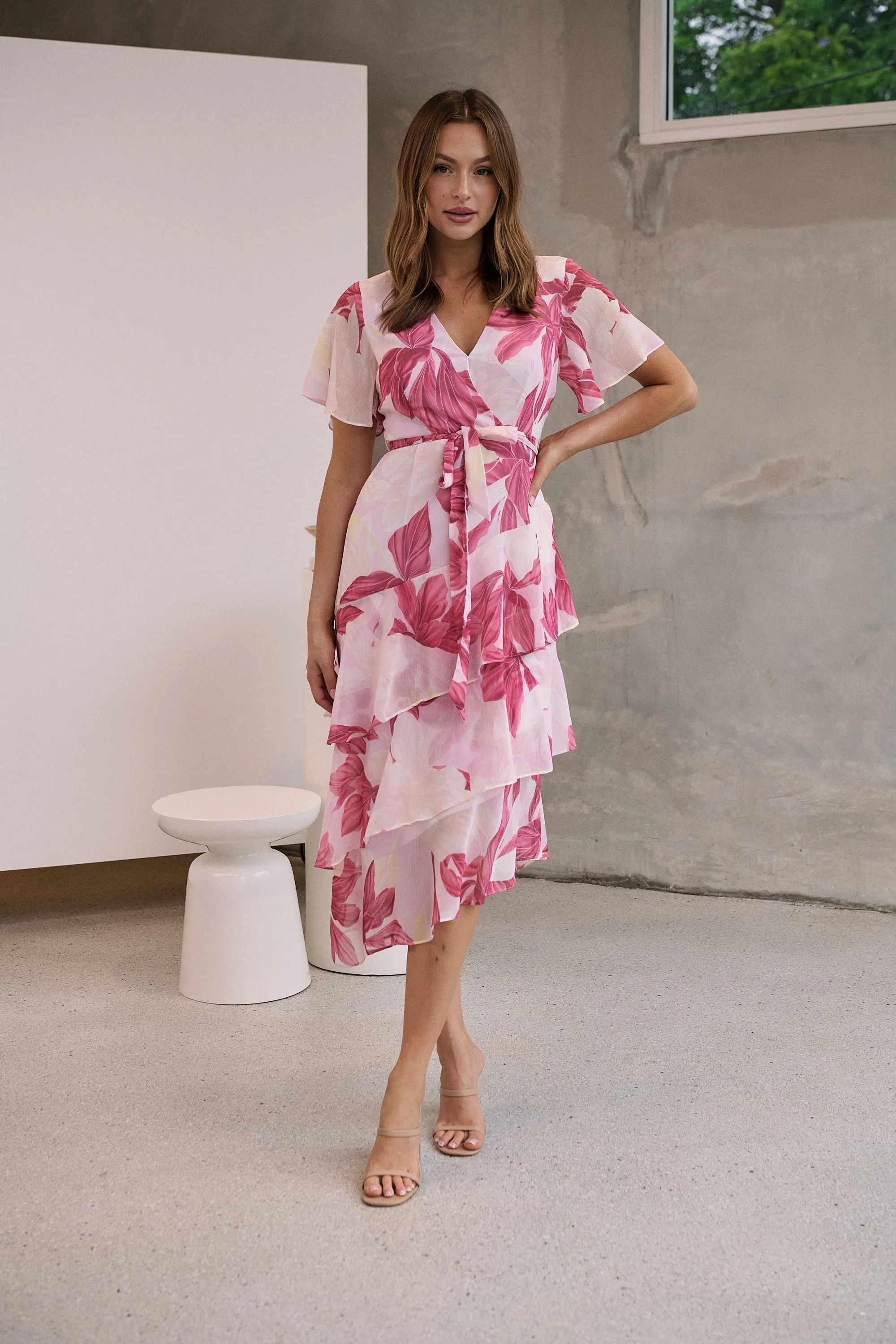 Aida Floral Pink Chiffon X/Over Frill Sleeve Evening Dress