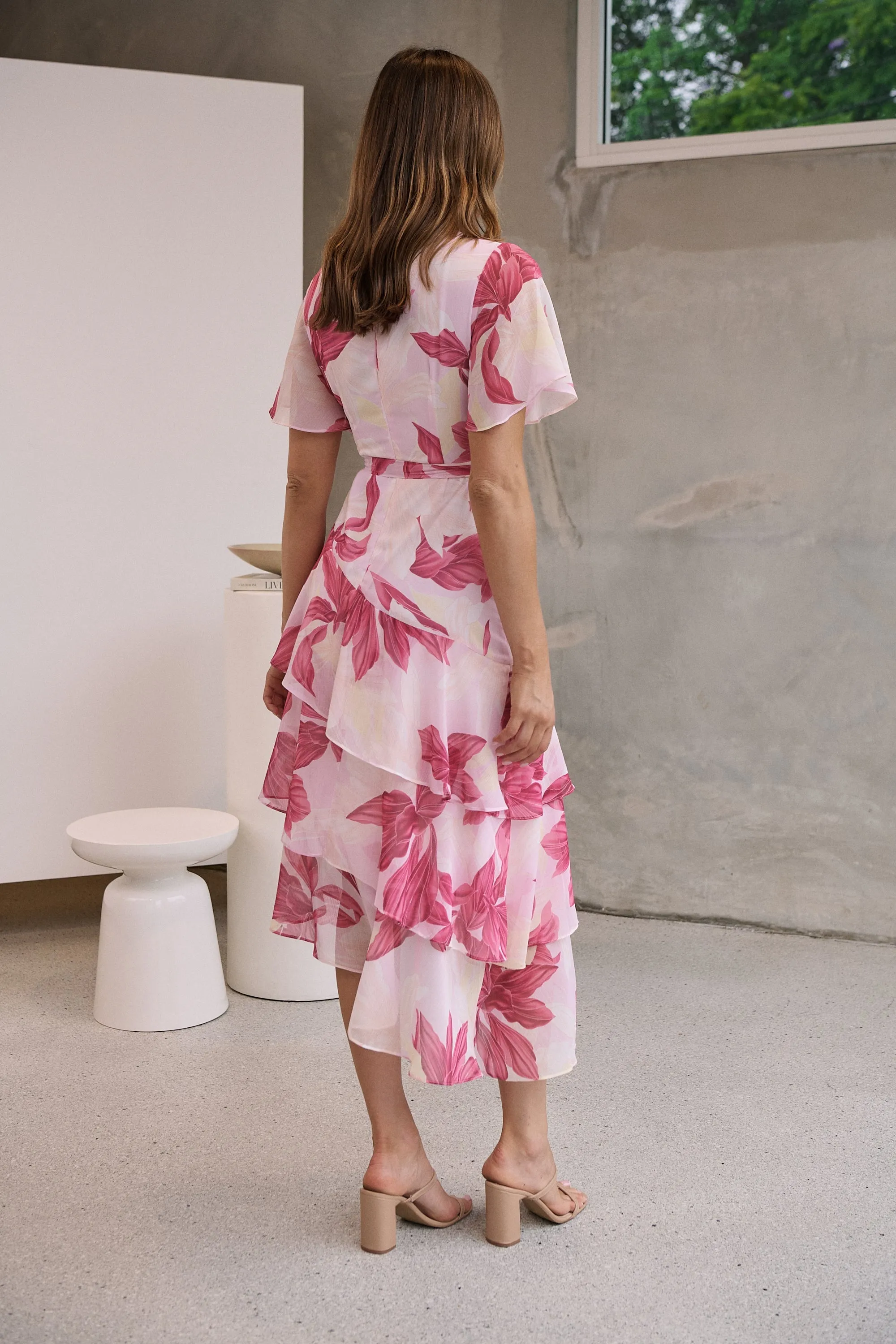 Aida Floral Pink Chiffon X/Over Frill Sleeve Evening Dress