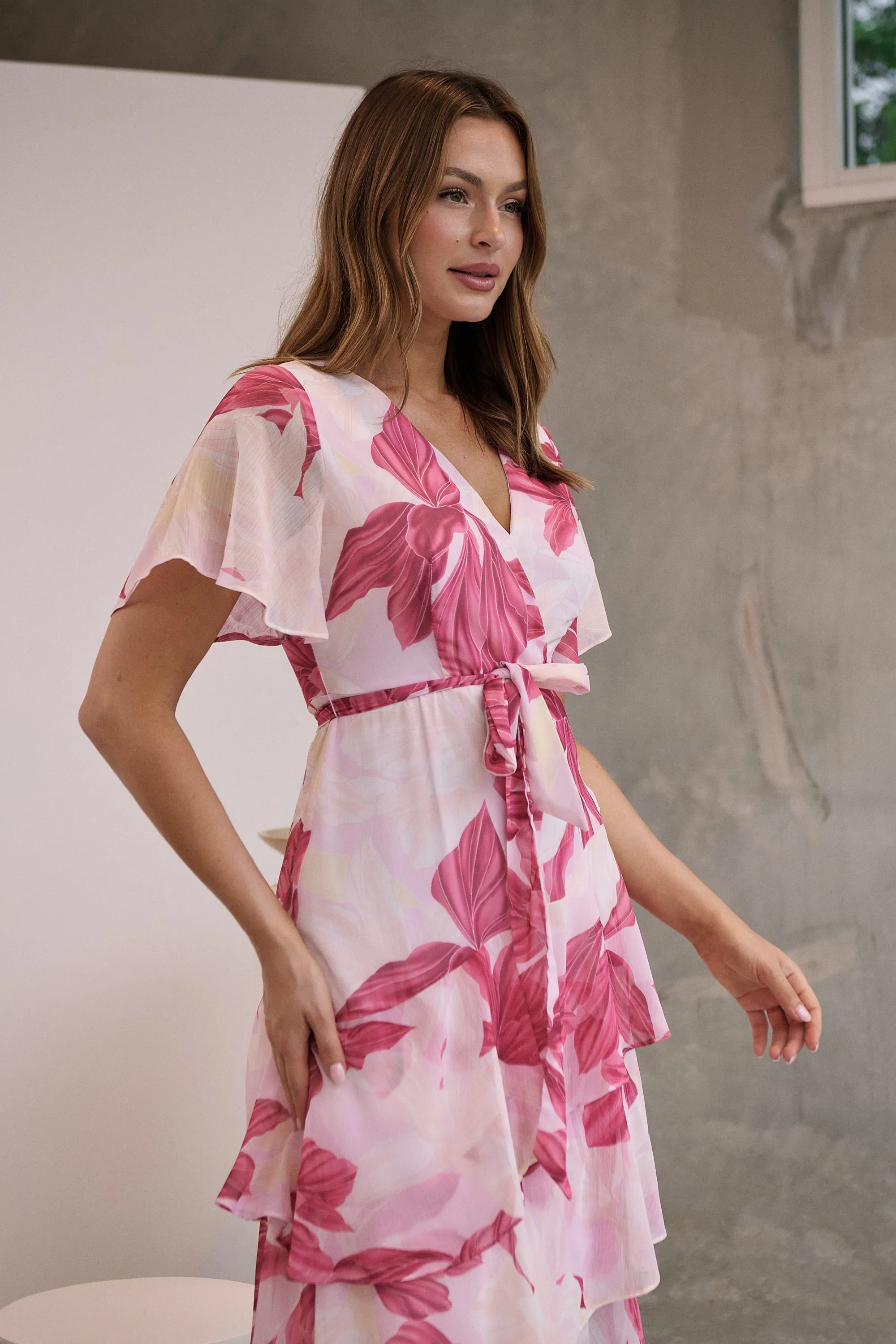 Aida Floral Pink Chiffon X/Over Frill Sleeve Evening Dress