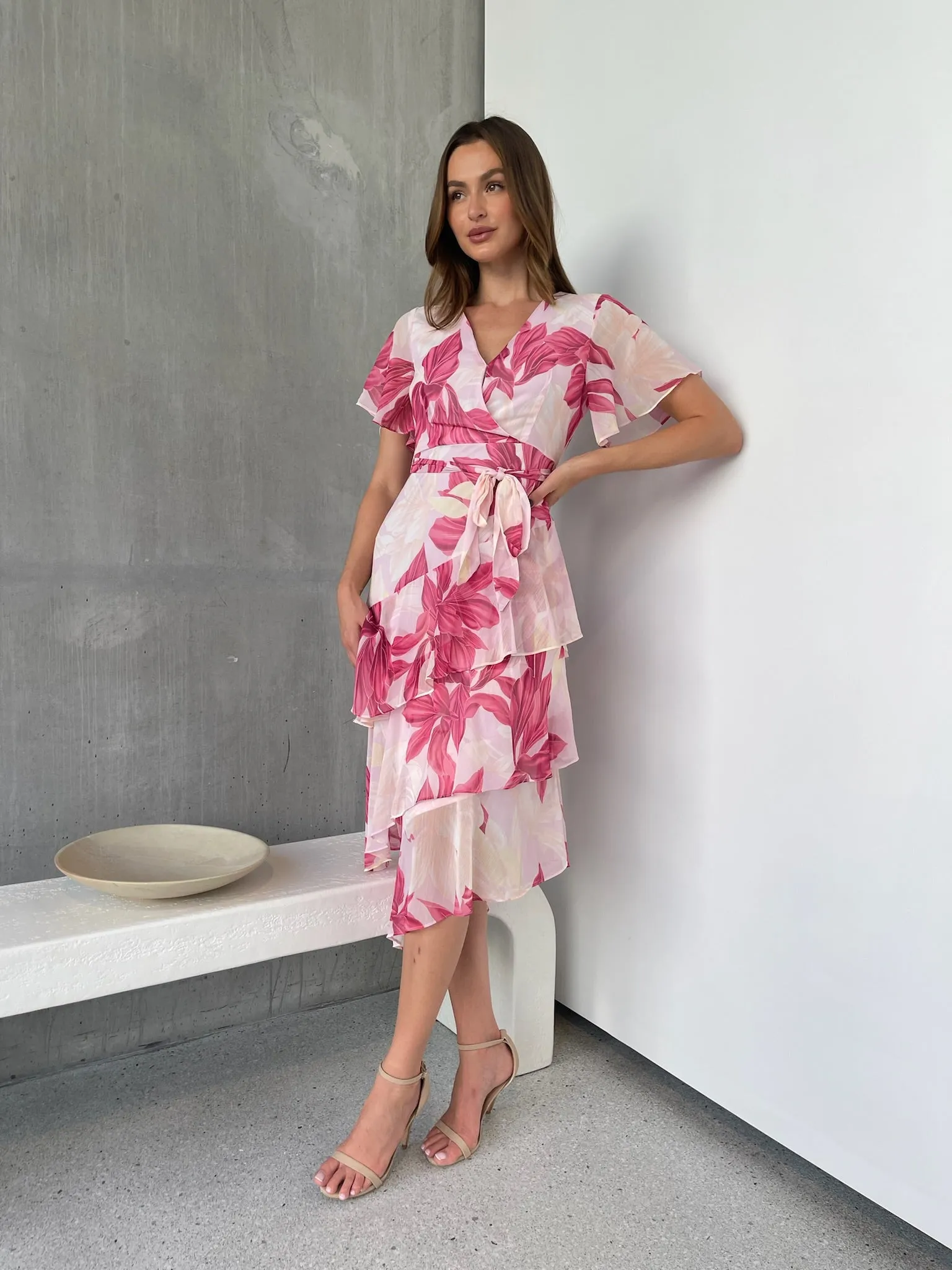 Aida Floral Pink Chiffon X/Over Frill Sleeve Evening Dress