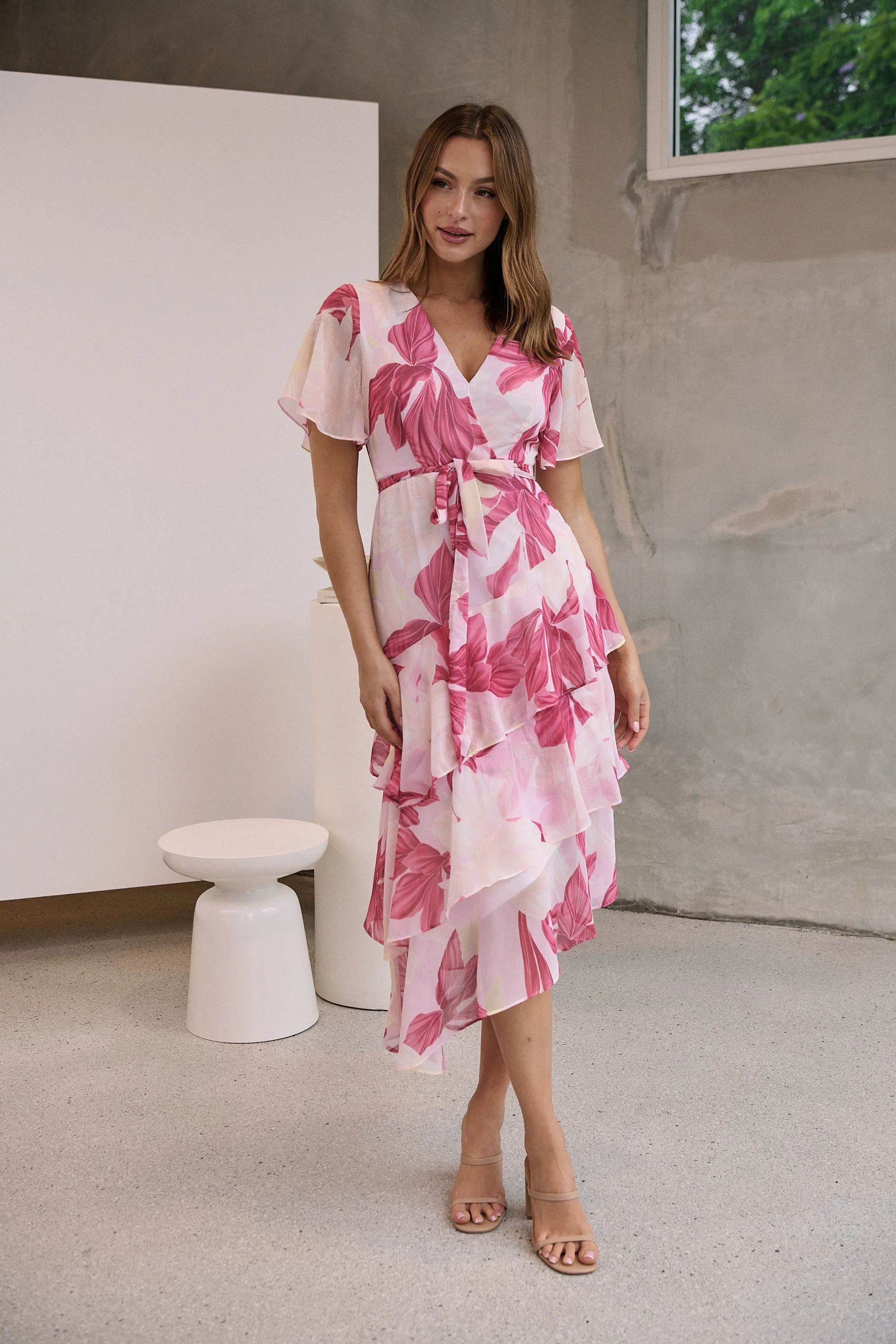 Aida Floral Pink Chiffon X/Over Frill Sleeve Evening Dress