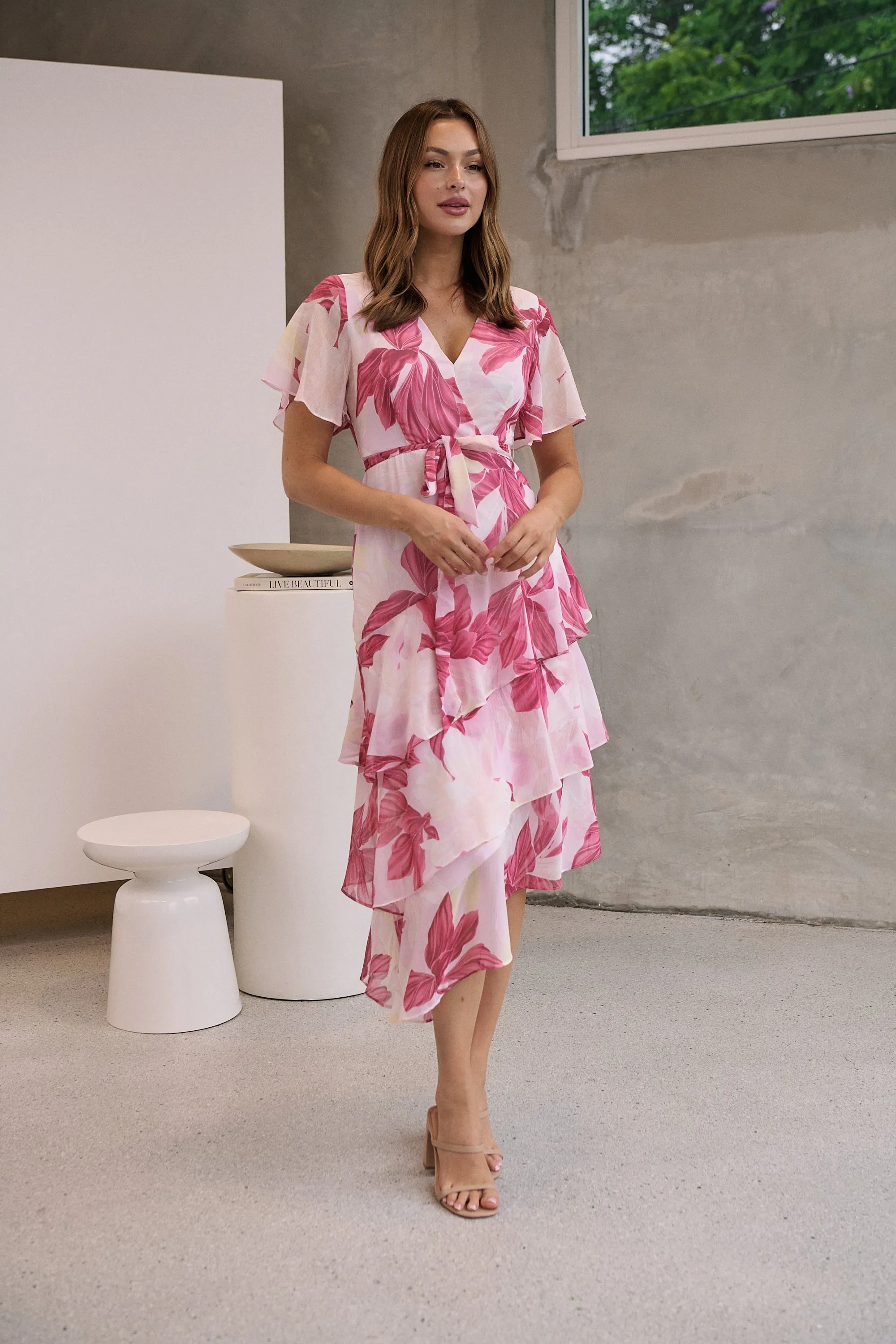 Aida Floral Pink Chiffon X/Over Frill Sleeve Evening Dress