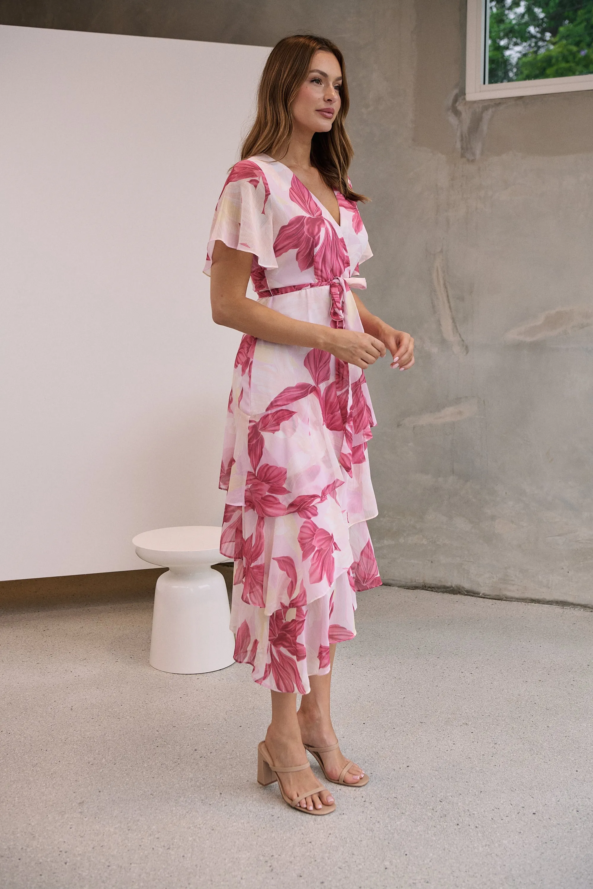 Aida Floral Pink Chiffon X/Over Frill Sleeve Evening Dress