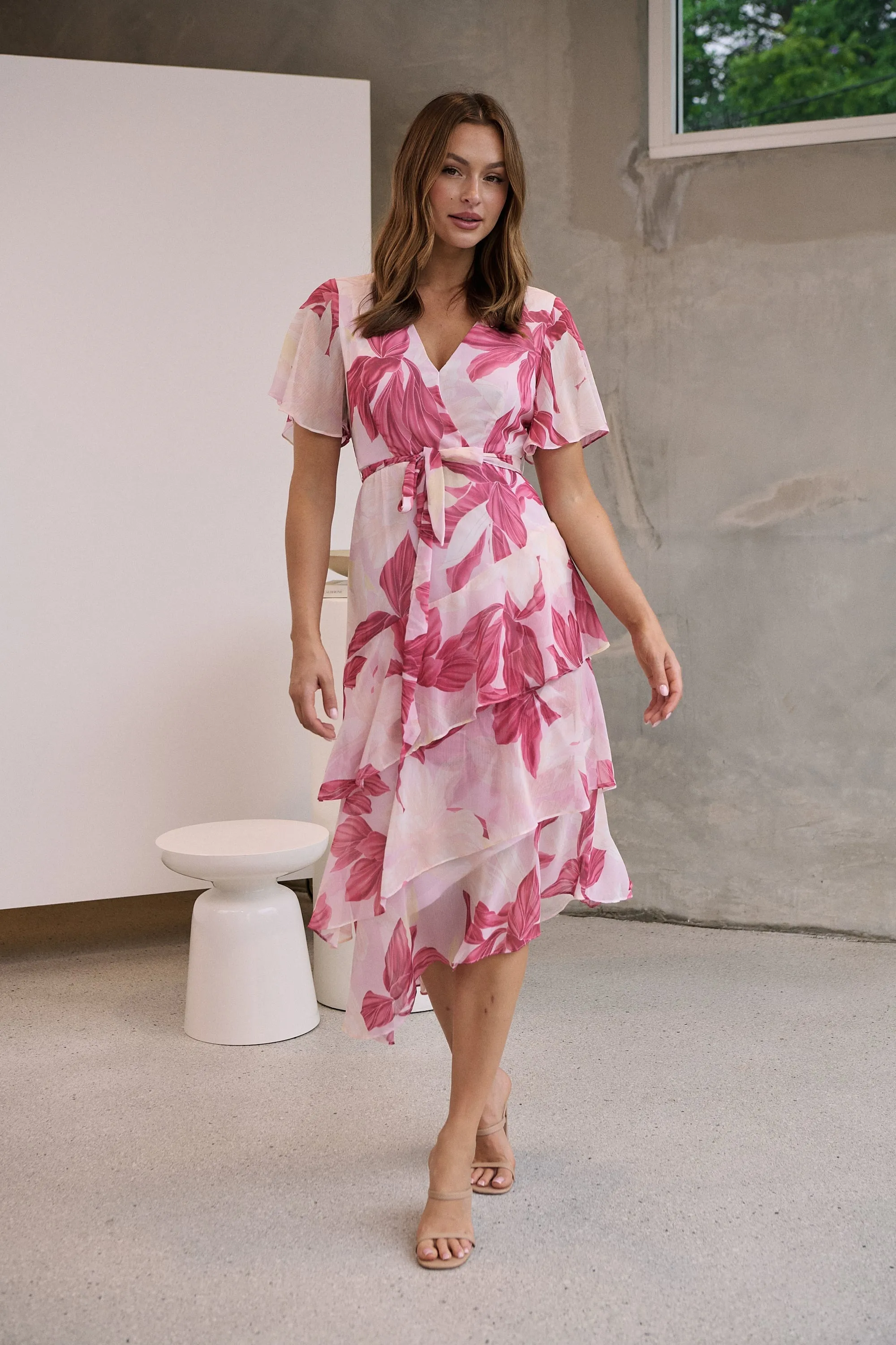 Aida Floral Pink Chiffon X/Over Frill Sleeve Evening Dress