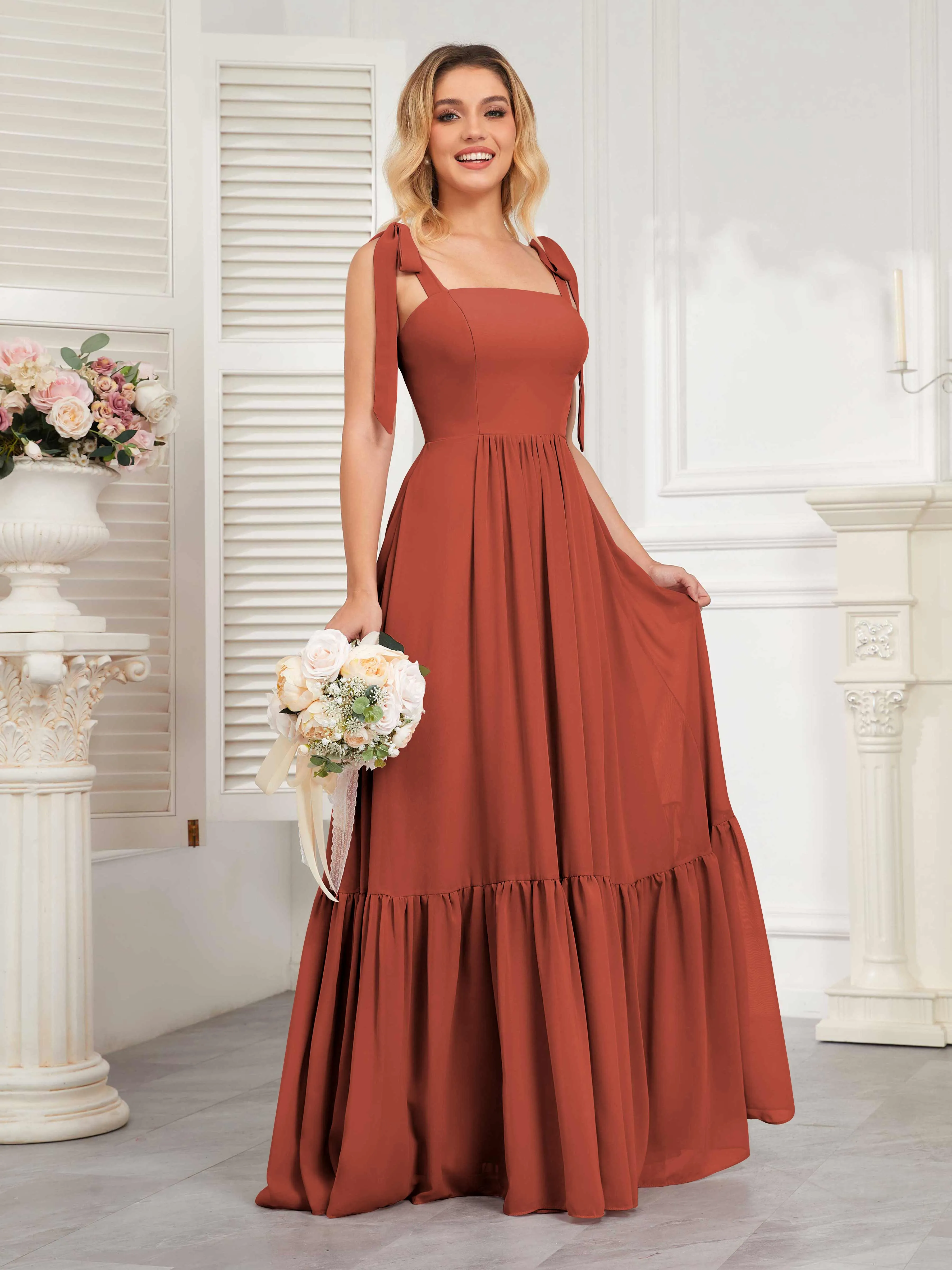 Aitana Flowing Square Neckline Long Chiffon Bridesmaid Dresses