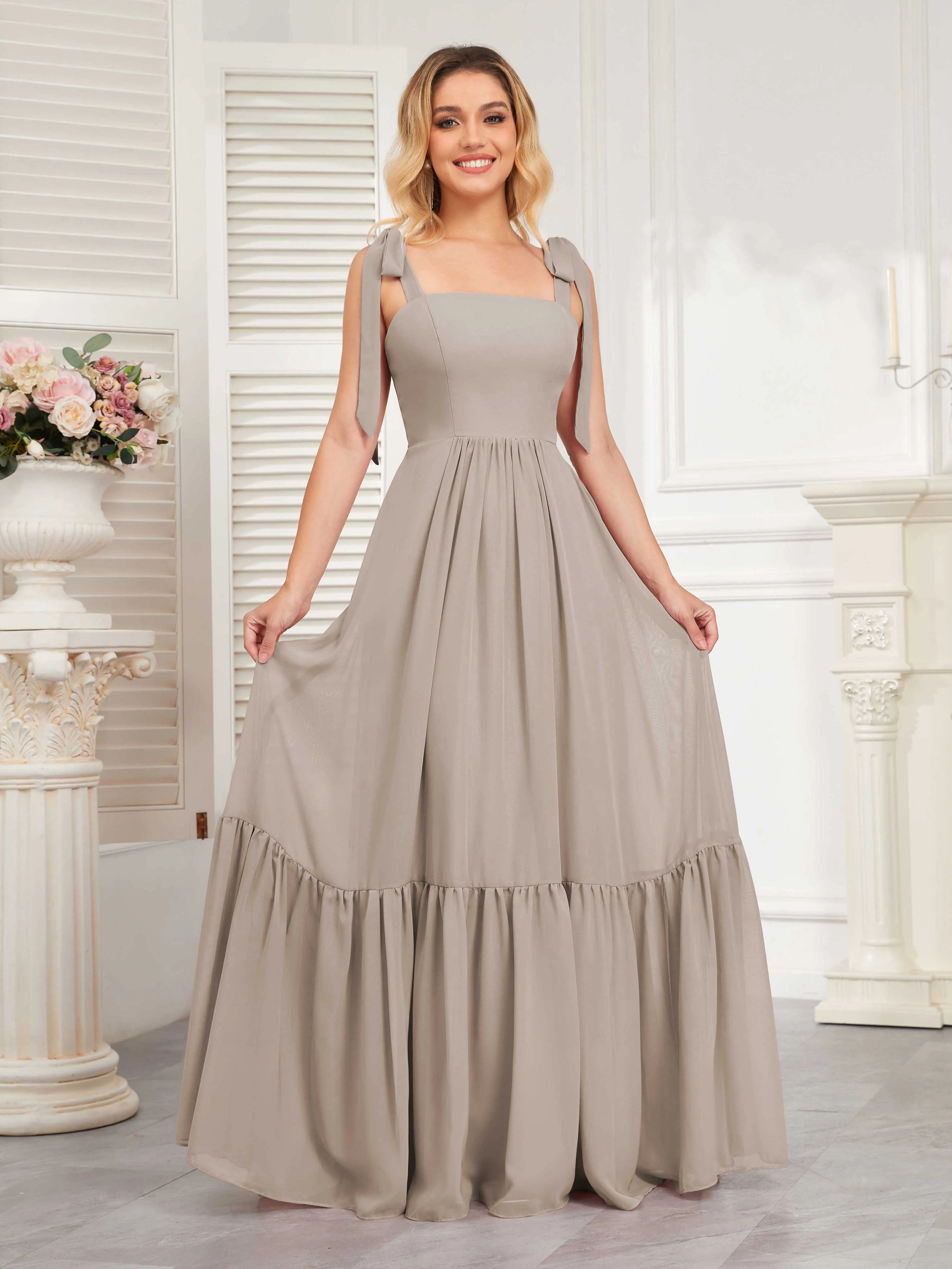 Aitana Flowing Square Neckline Long Chiffon Bridesmaid Dresses