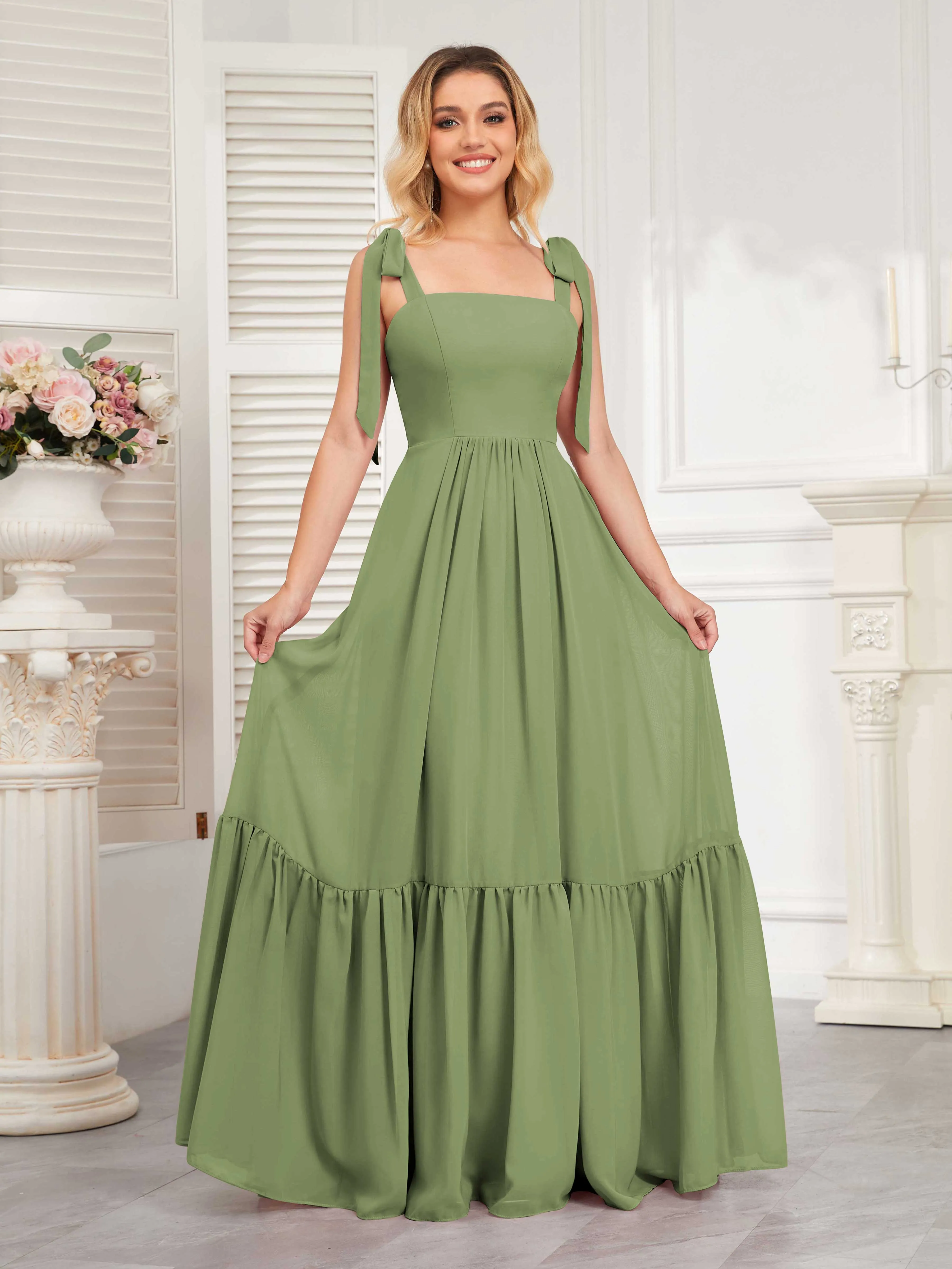 Aitana Flowing Square Neckline Long Chiffon Bridesmaid Dresses