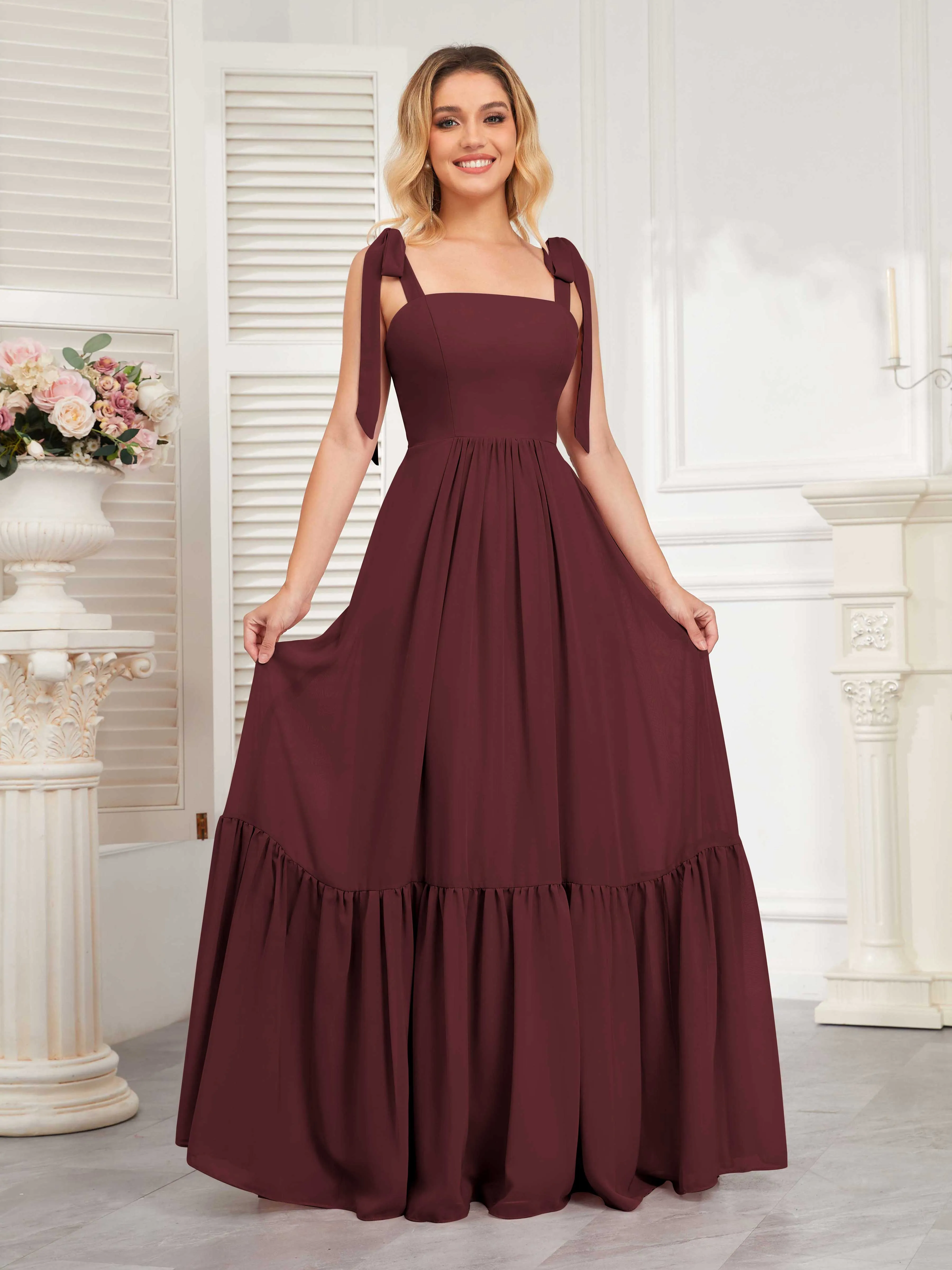 Aitana Flowing Square Neckline Long Chiffon Bridesmaid Dresses