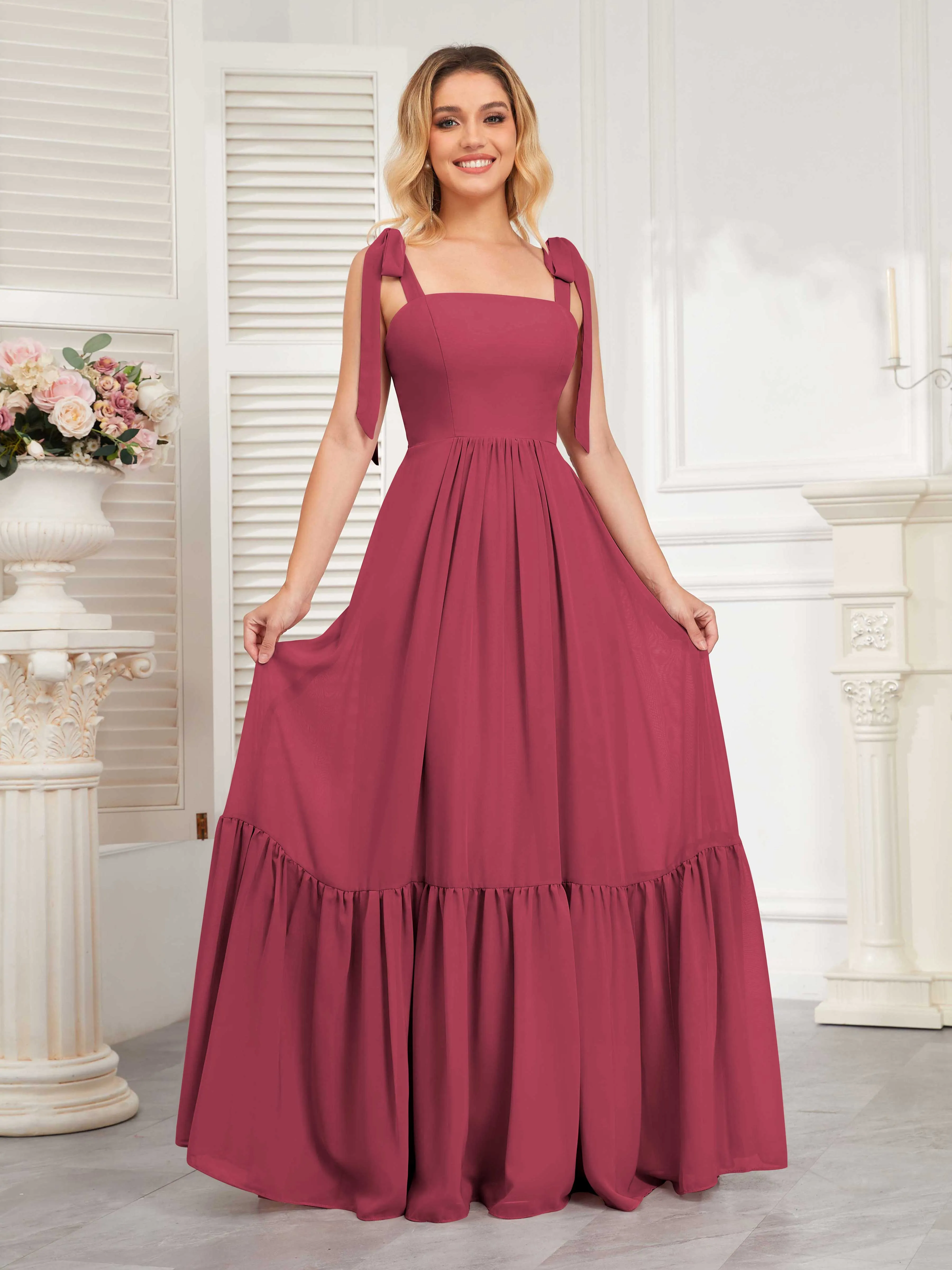 Aitana Flowing Square Neckline Long Chiffon Bridesmaid Dresses