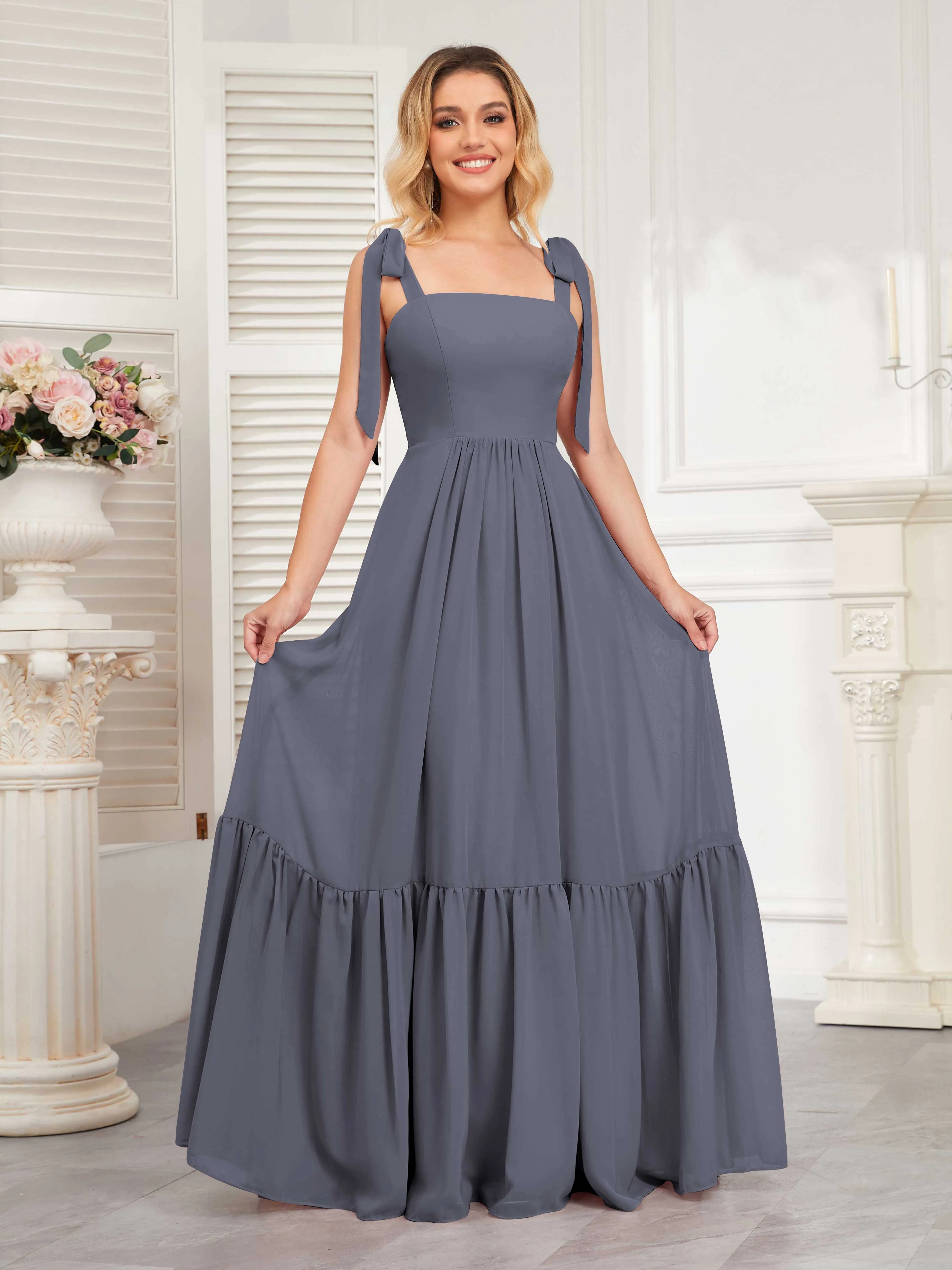 Aitana Flowing Square Neckline Long Chiffon Bridesmaid Dresses