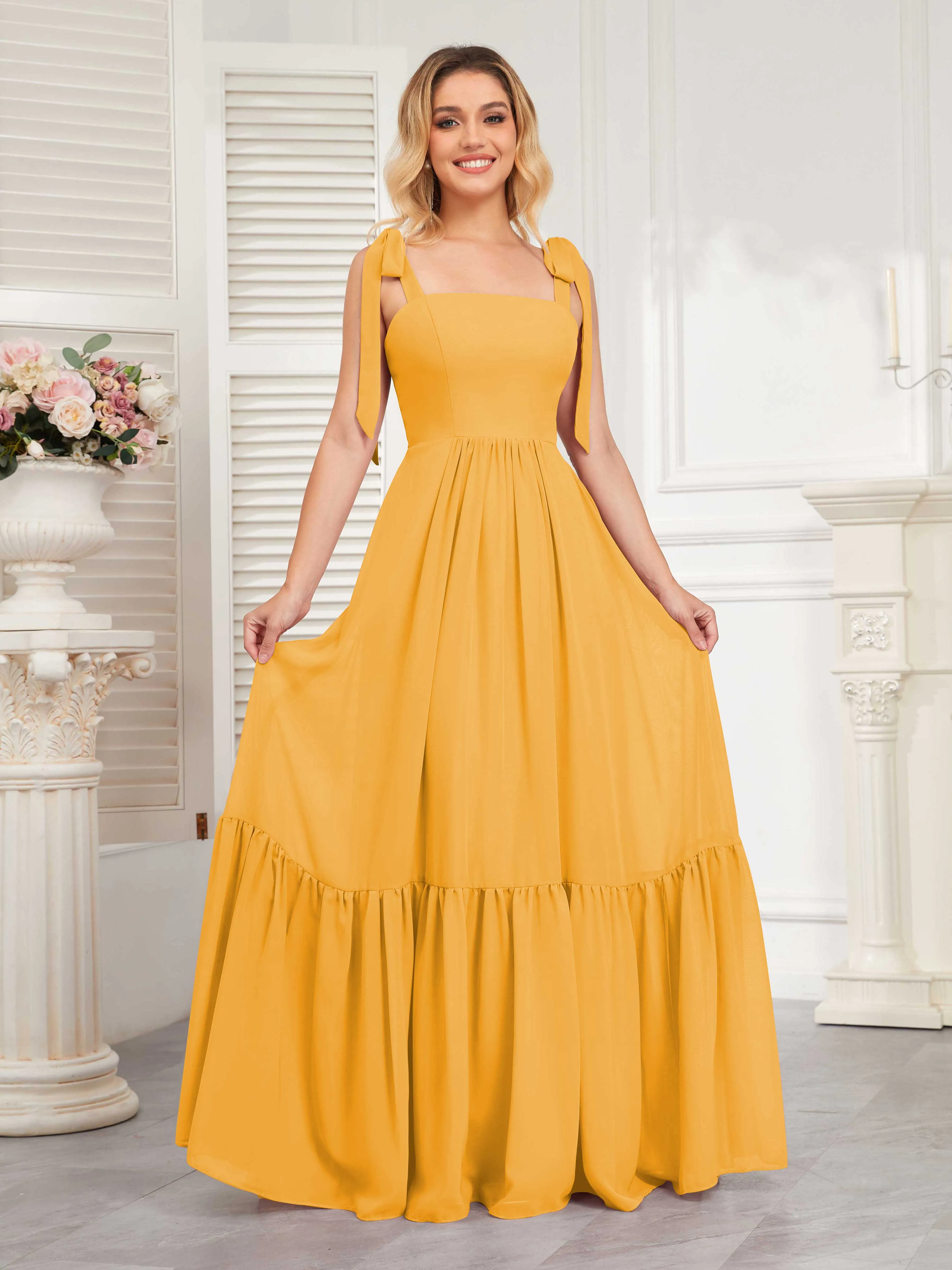 Aitana Flowing Square Neckline Long Chiffon Bridesmaid Dresses