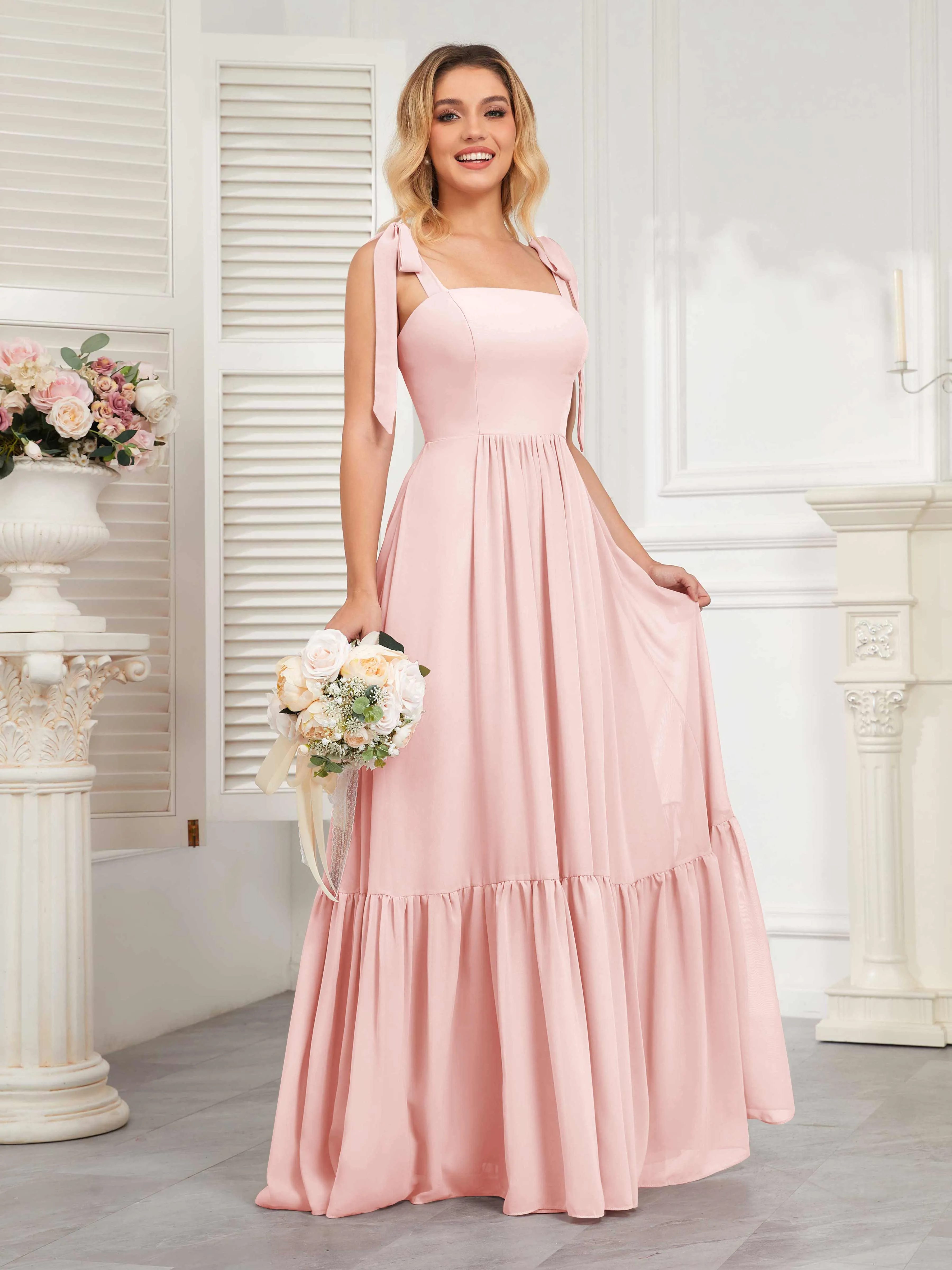 Aitana Flowing Square Neckline Long Chiffon Bridesmaid Dresses