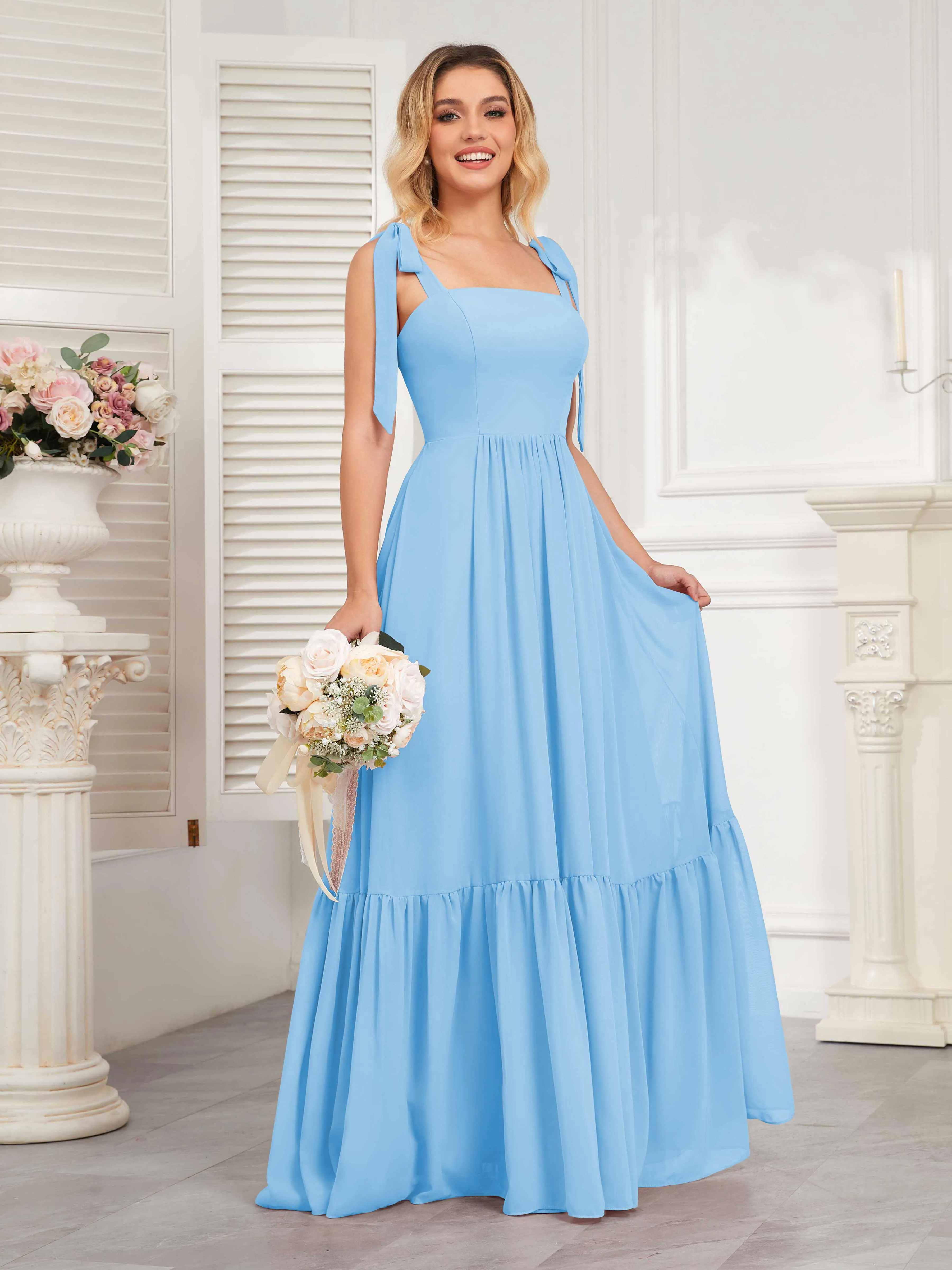 Aitana Flowing Square Neckline Long Chiffon Bridesmaid Dresses