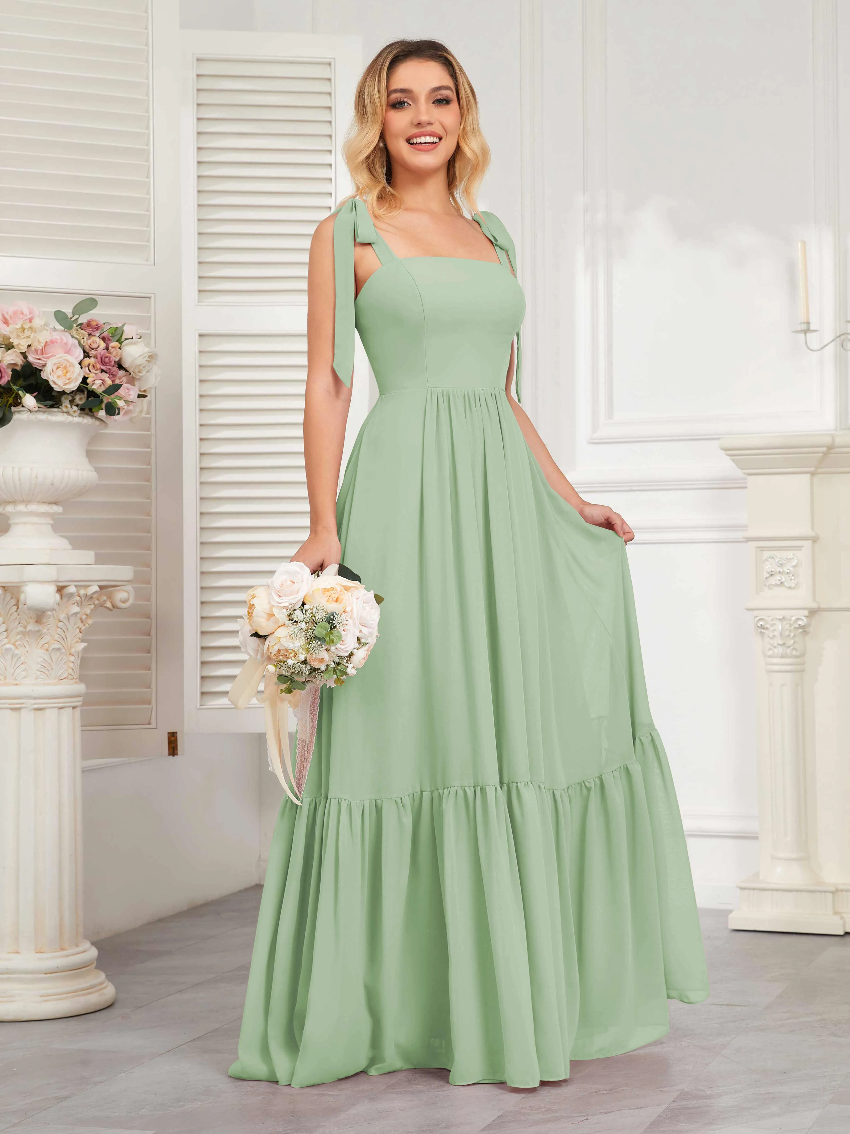 Aitana Flowing Square Neckline Long Chiffon Bridesmaid Dresses