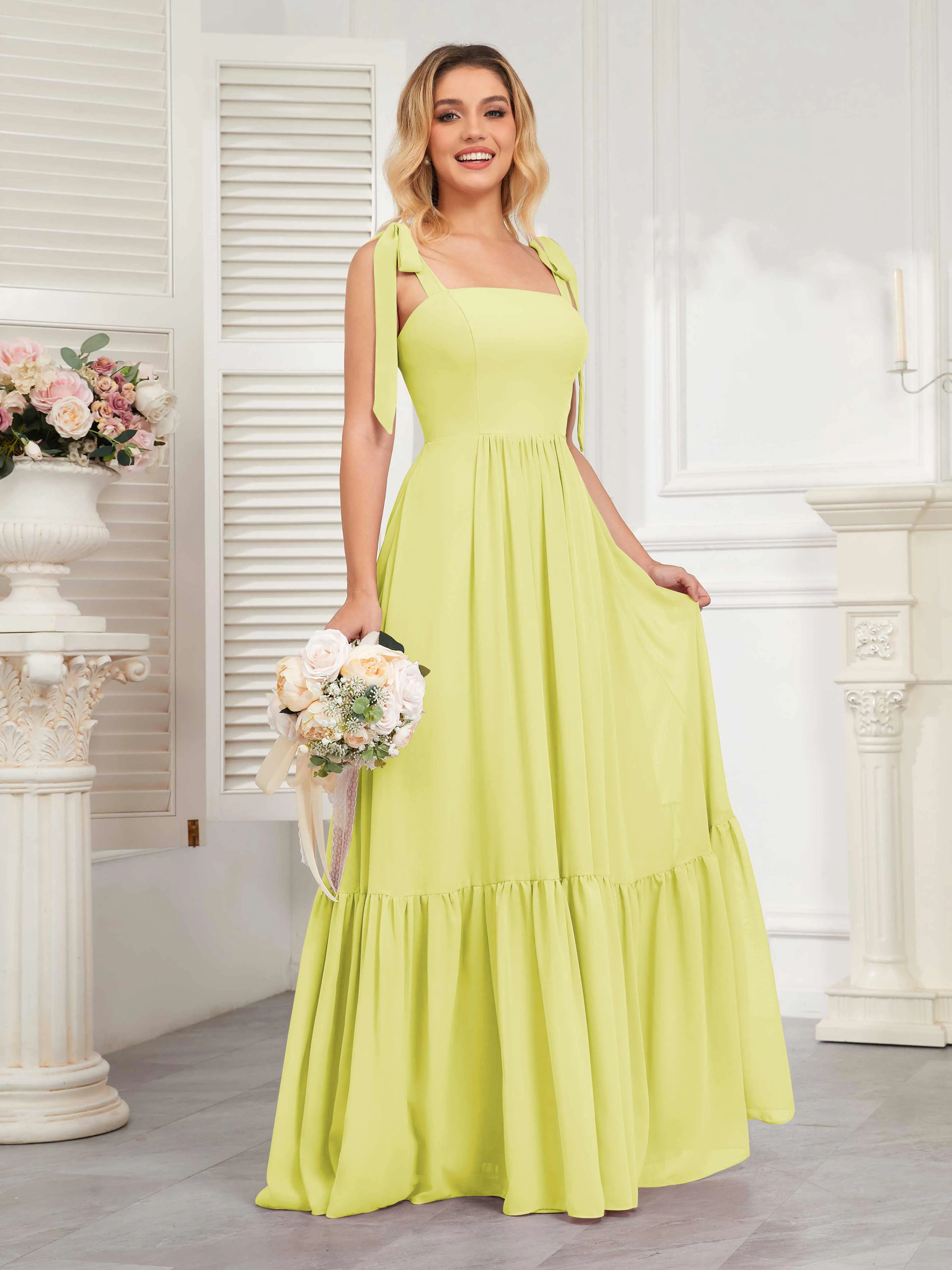 Aitana Flowing Square Neckline Long Chiffon Bridesmaid Dresses