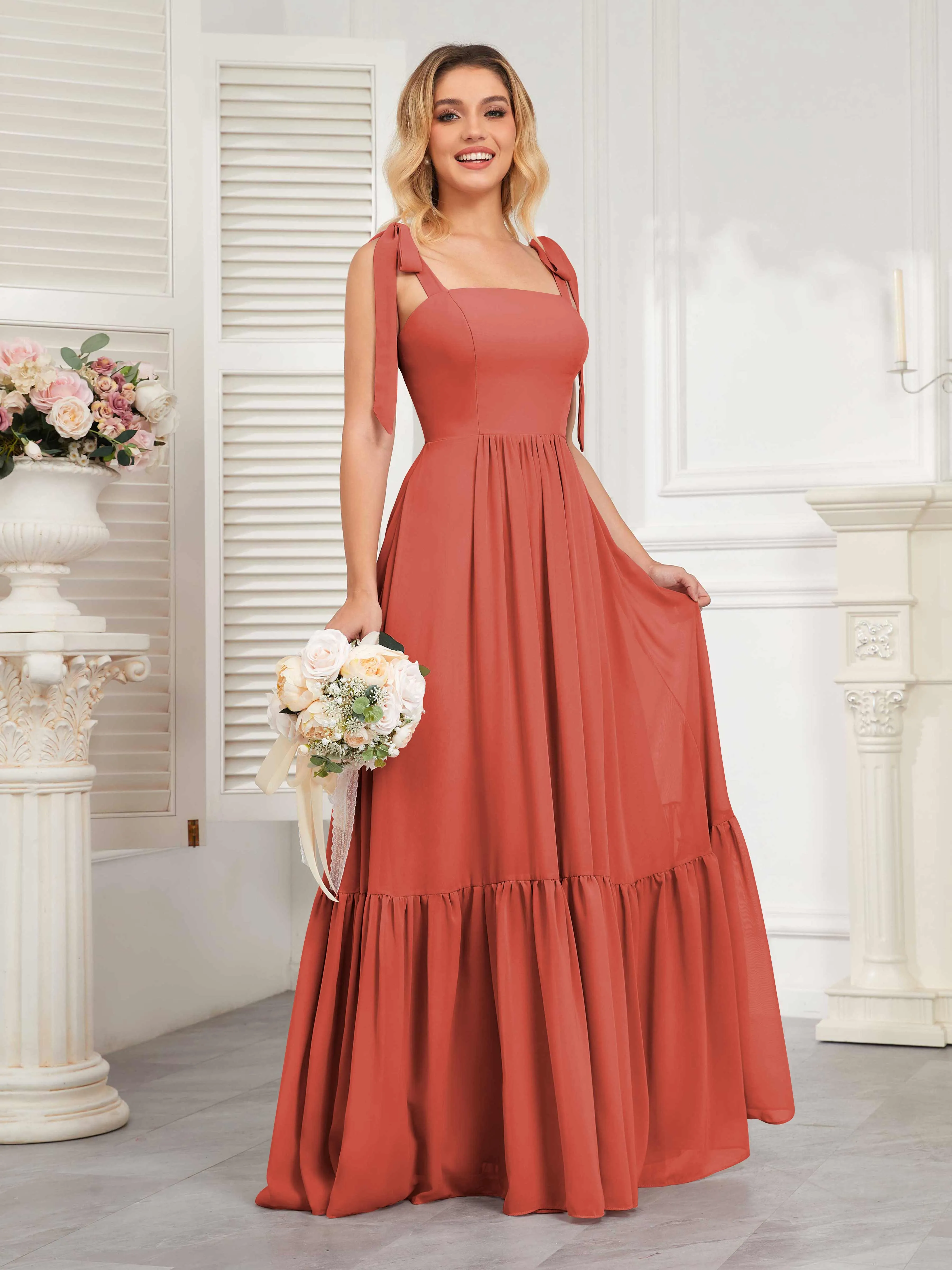 Aitana Flowing Square Neckline Long Chiffon Bridesmaid Dresses