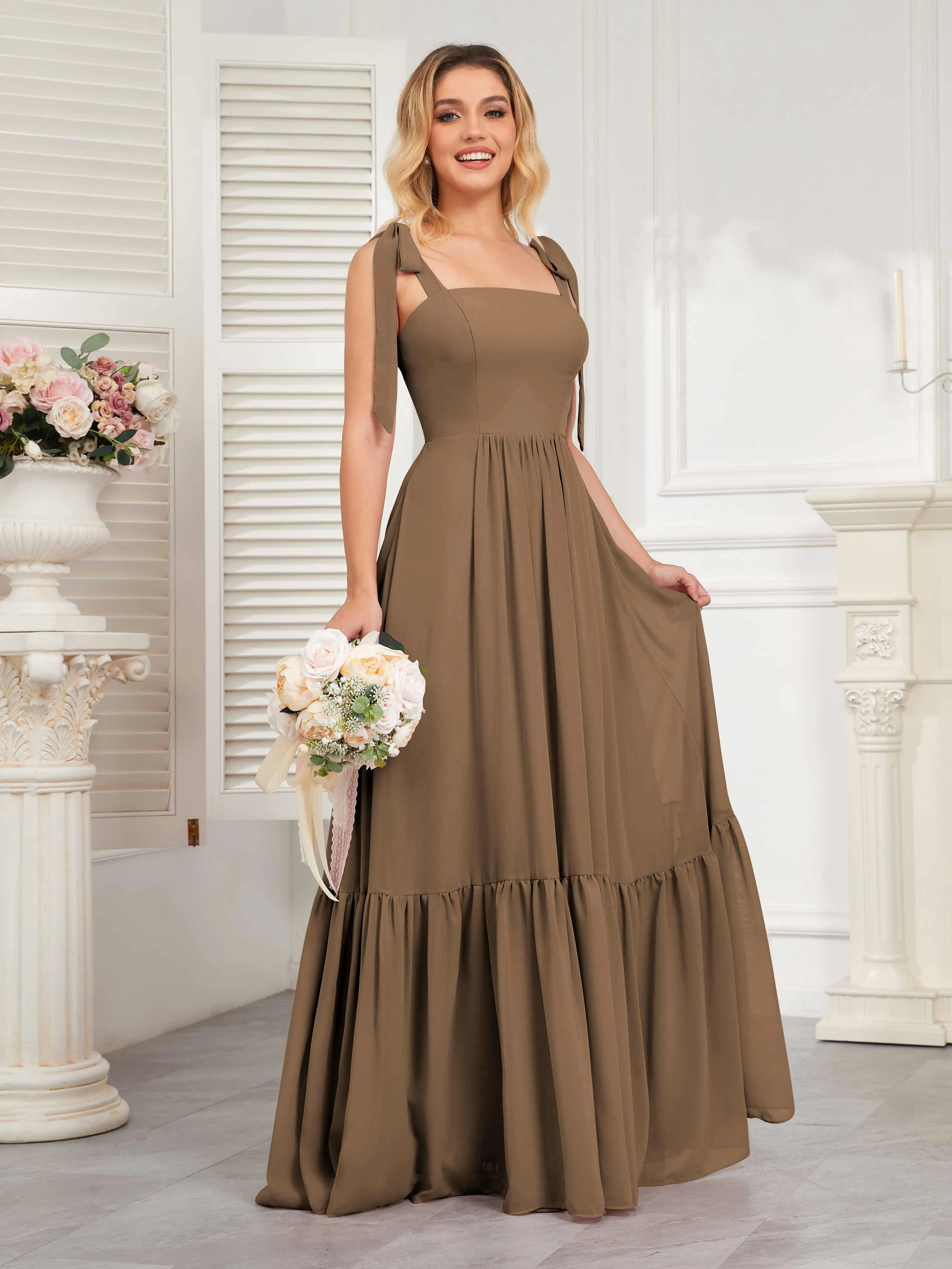 Aitana Flowing Square Neckline Long Chiffon Bridesmaid Dresses