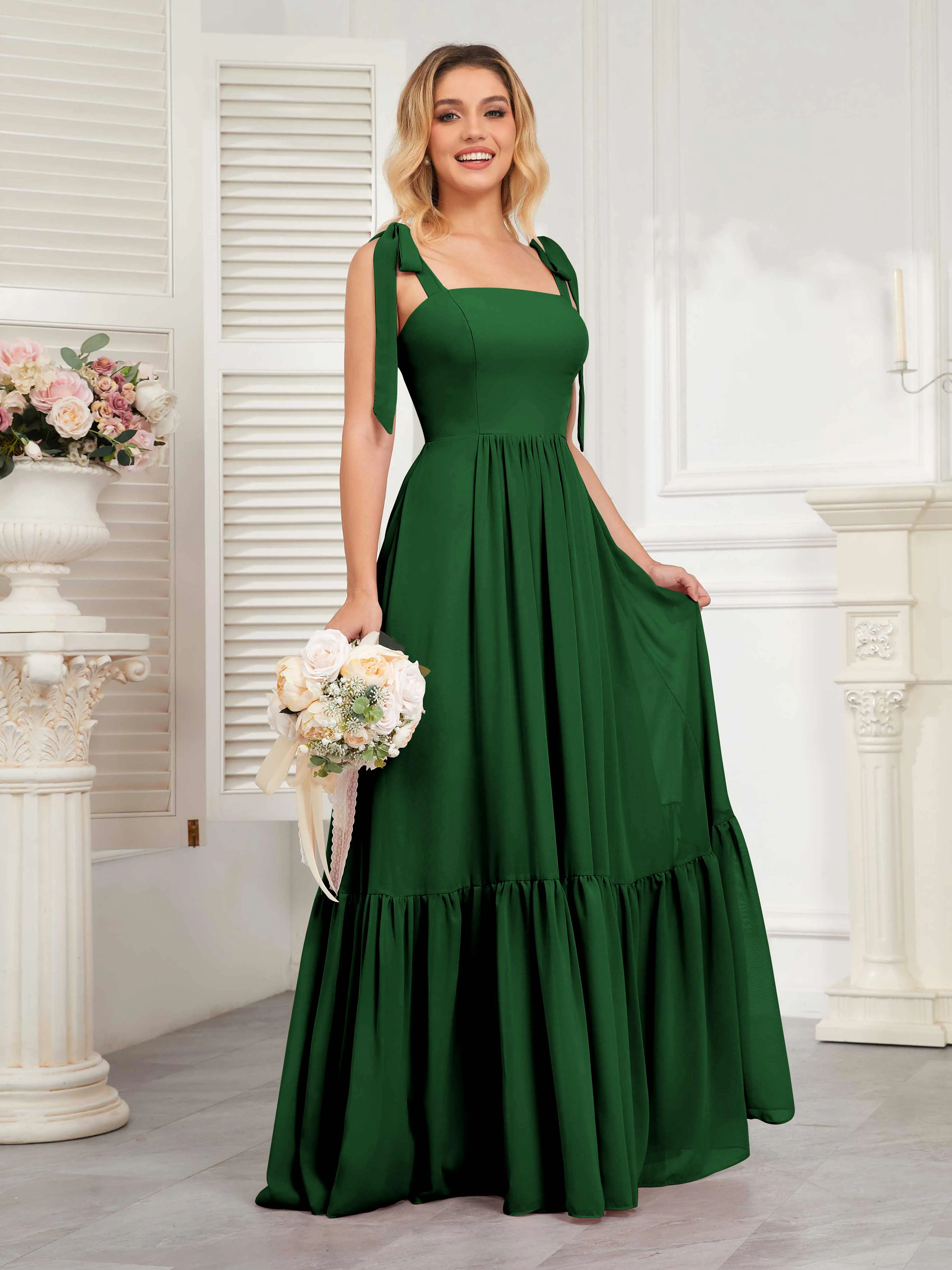 Aitana Flowing Square Neckline Long Chiffon Bridesmaid Dresses