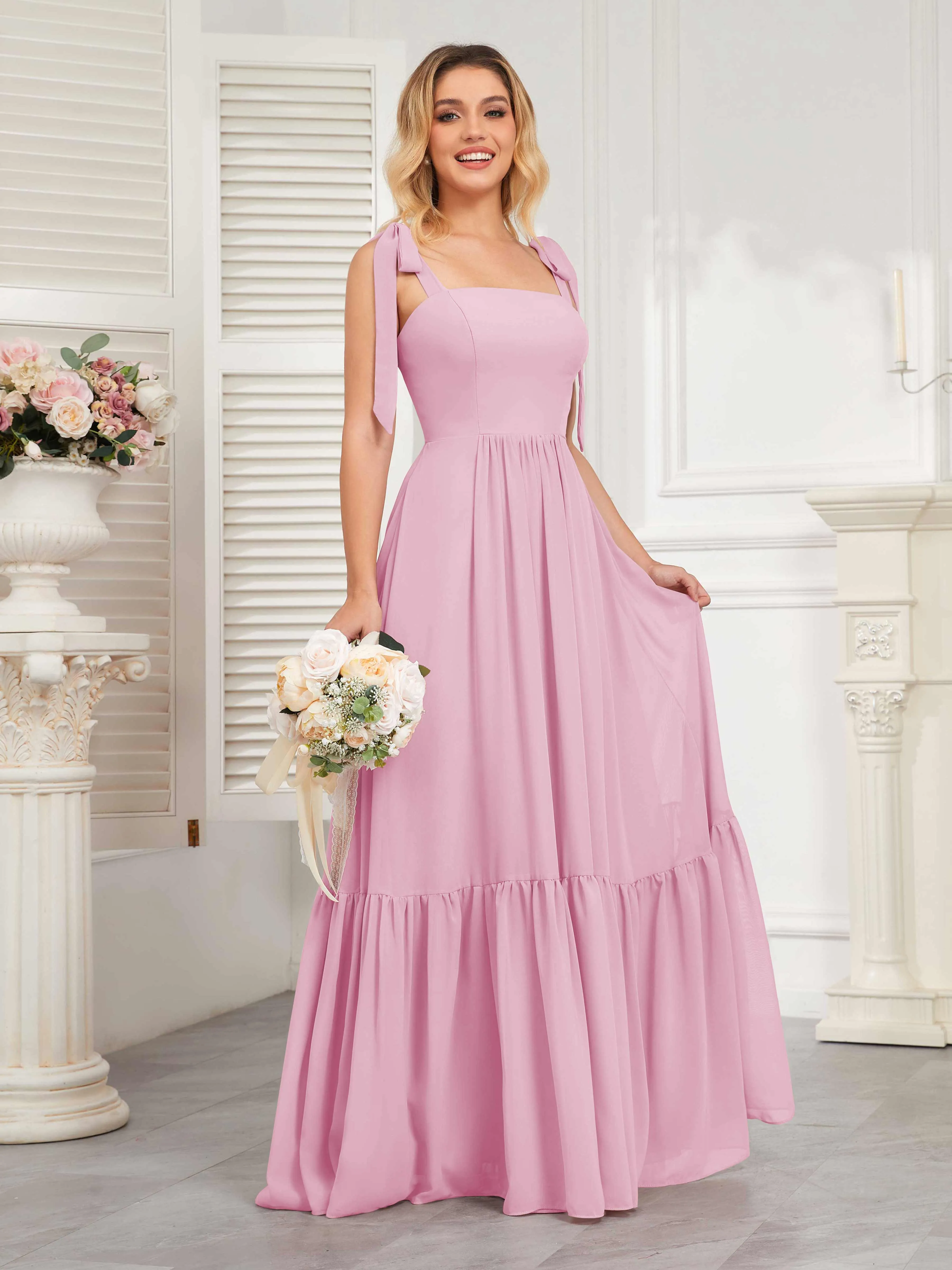 Aitana Flowing Square Neckline Long Chiffon Bridesmaid Dresses