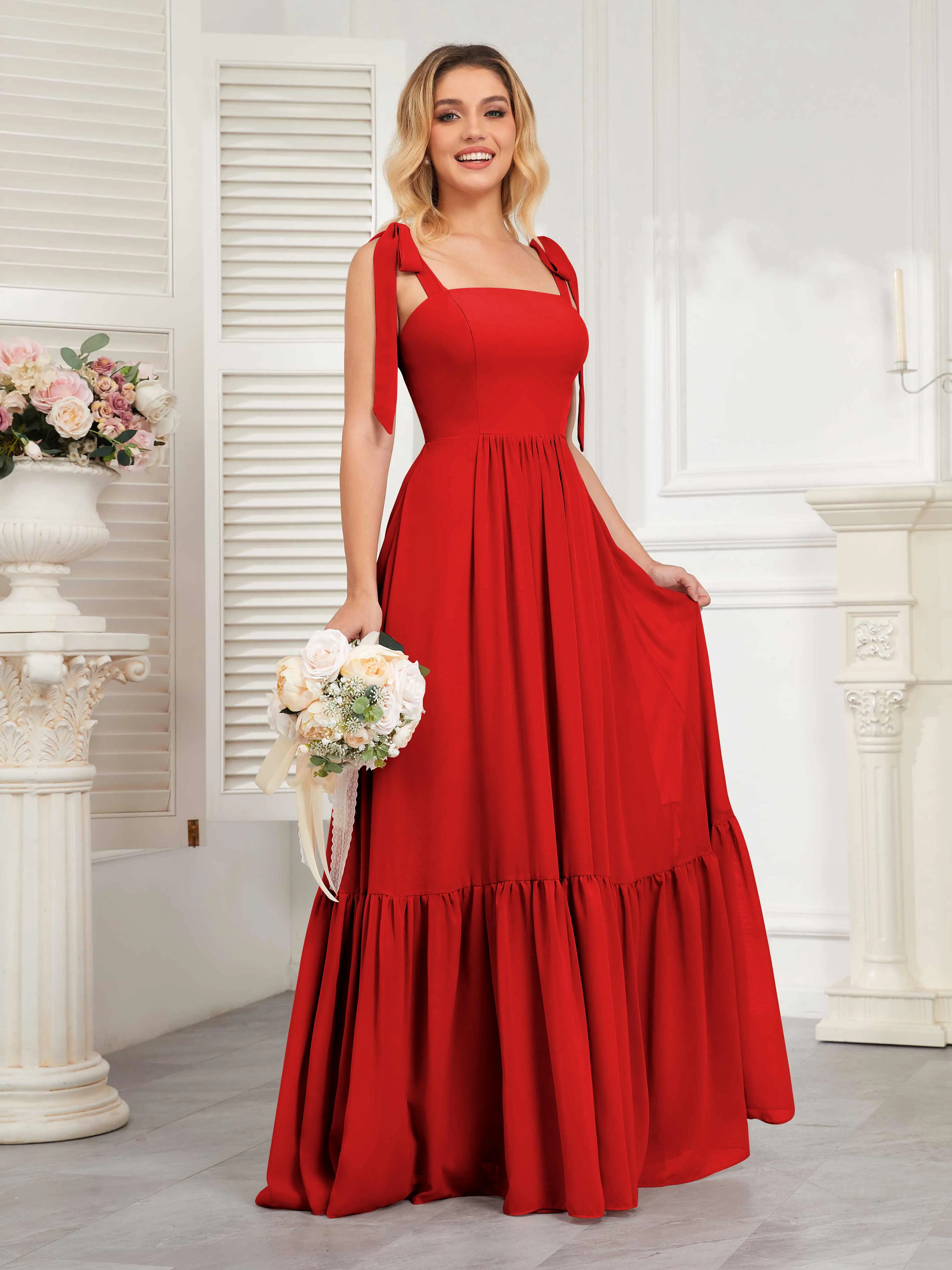 Aitana Flowing Square Neckline Long Chiffon Bridesmaid Dresses