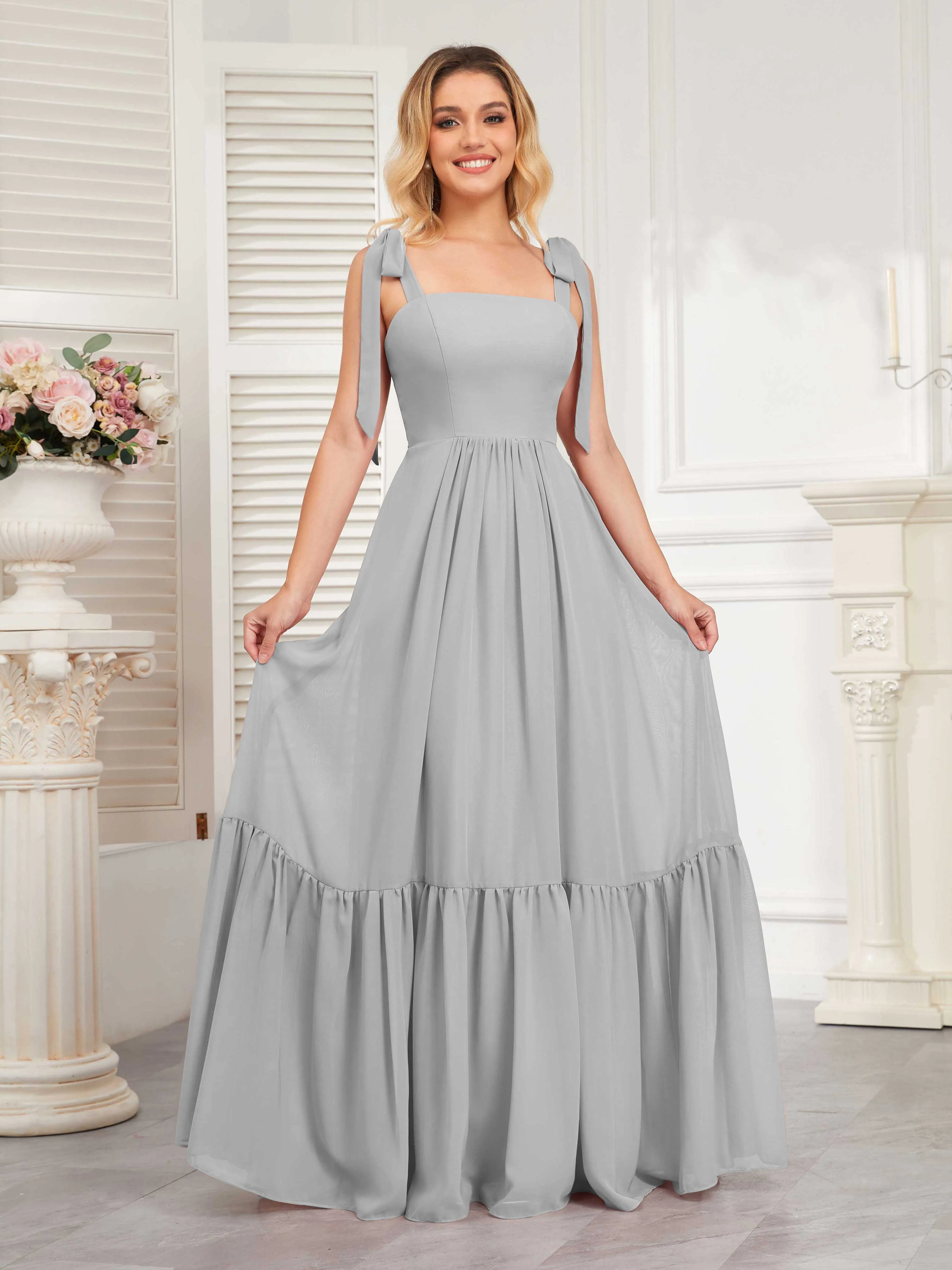 Aitana Flowing Square Neckline Long Chiffon Bridesmaid Dresses