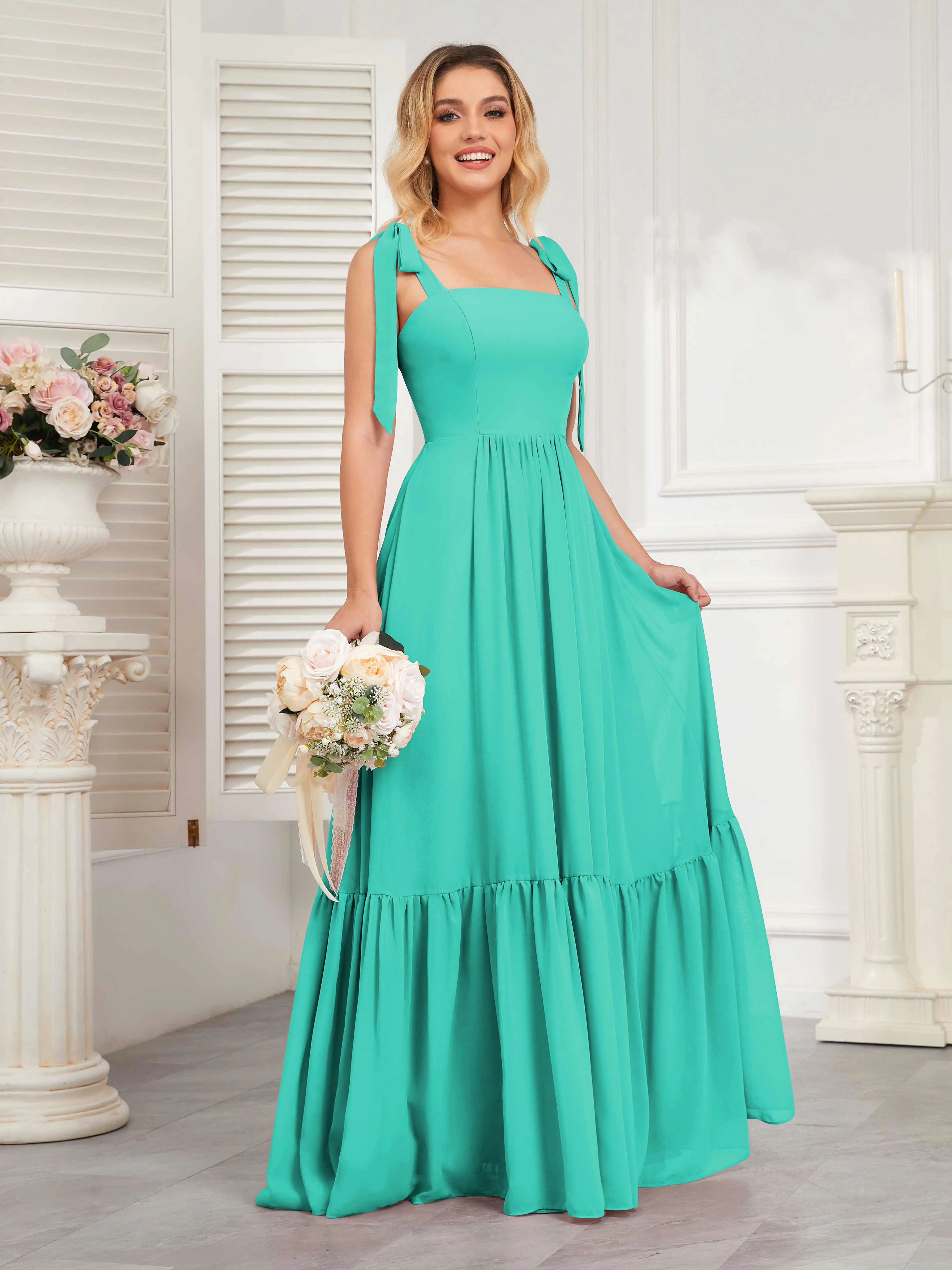 Aitana Flowing Square Neckline Long Chiffon Bridesmaid Dresses