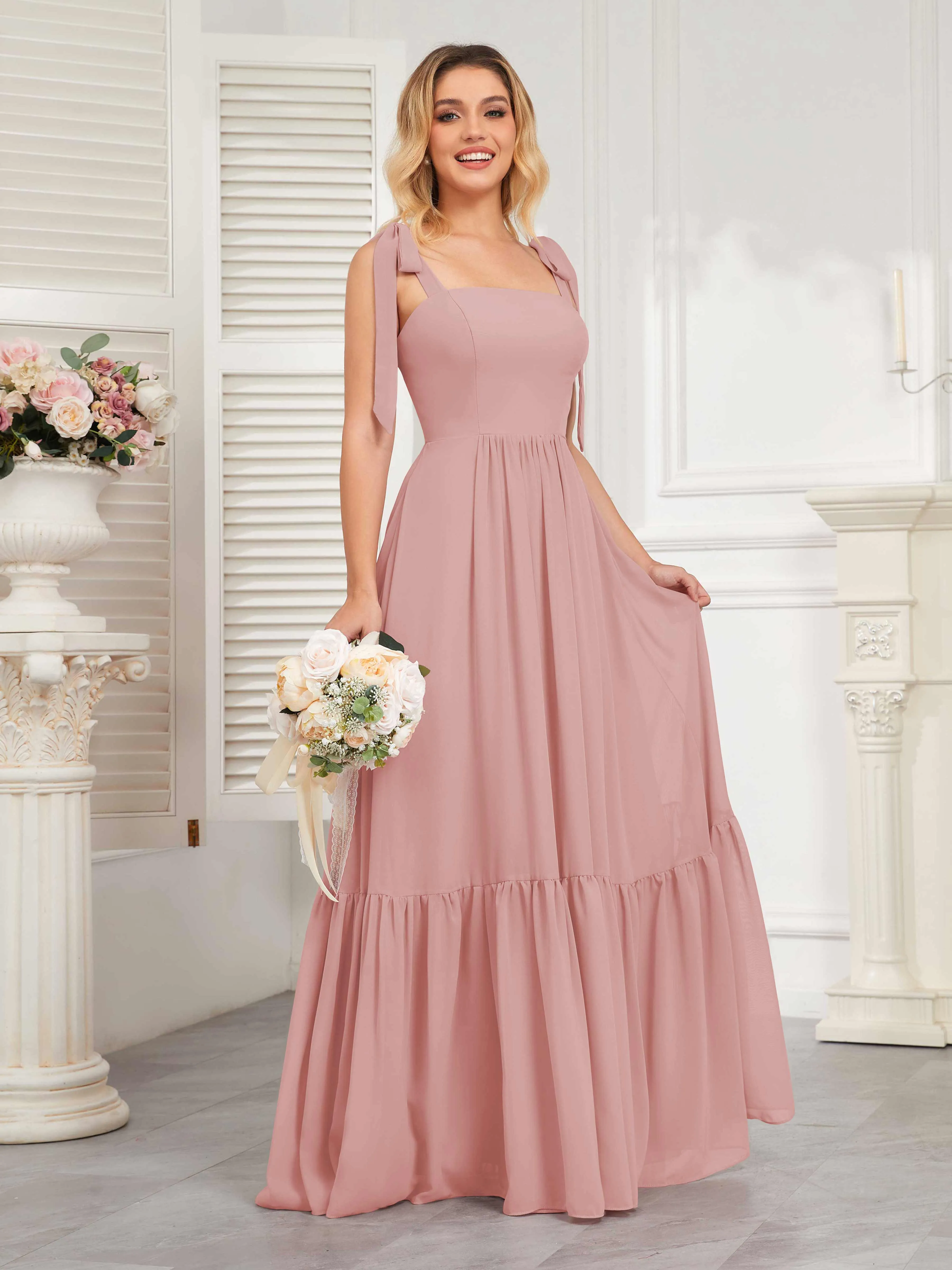 Aitana Flowing Square Neckline Long Chiffon Bridesmaid Dresses