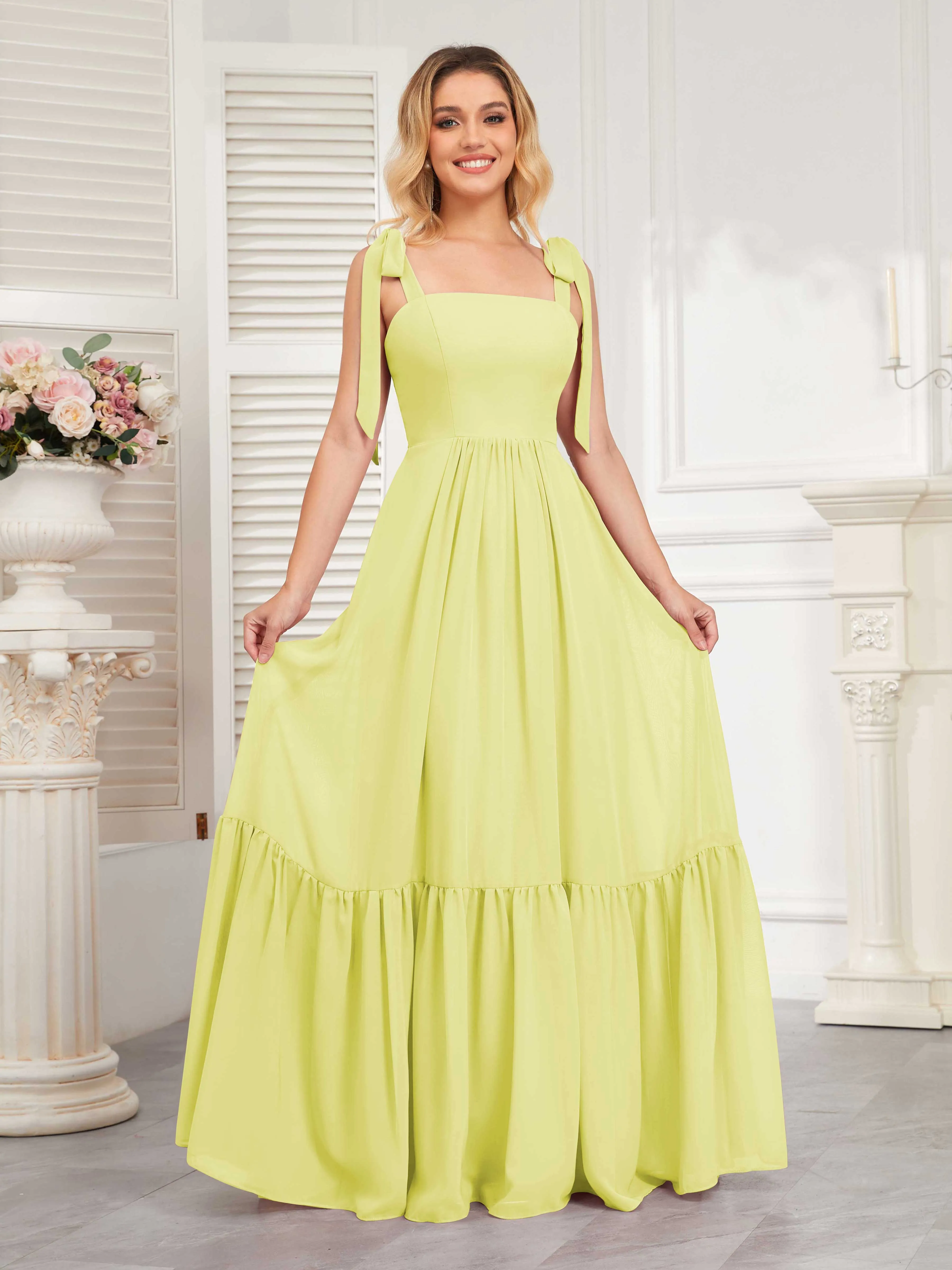 Aitana Flowing Square Neckline Long Chiffon Bridesmaid Dresses