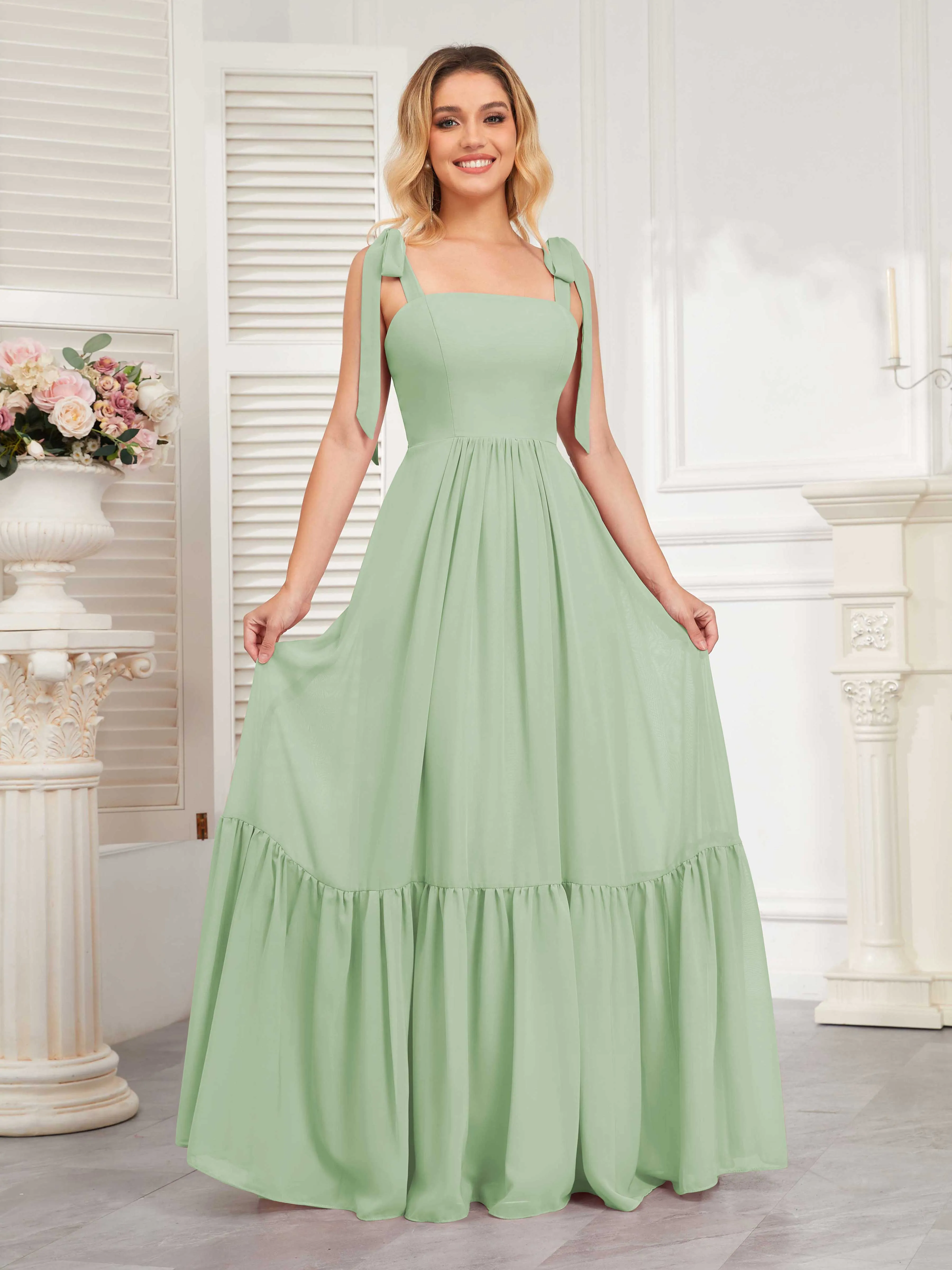 Aitana Flowing Square Neckline Long Chiffon Bridesmaid Dresses