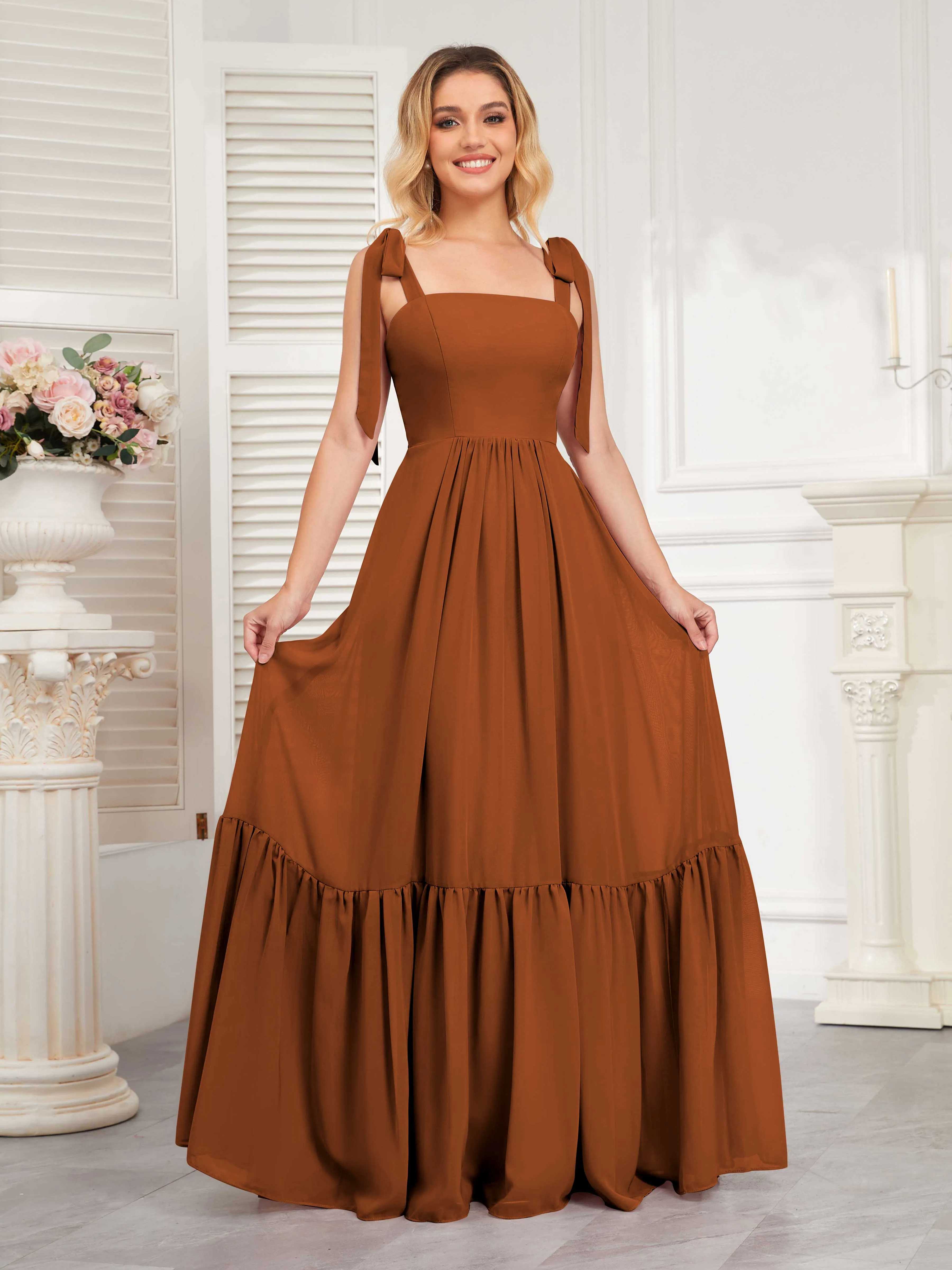 Aitana Flowing Square Neckline Long Chiffon Bridesmaid Dresses