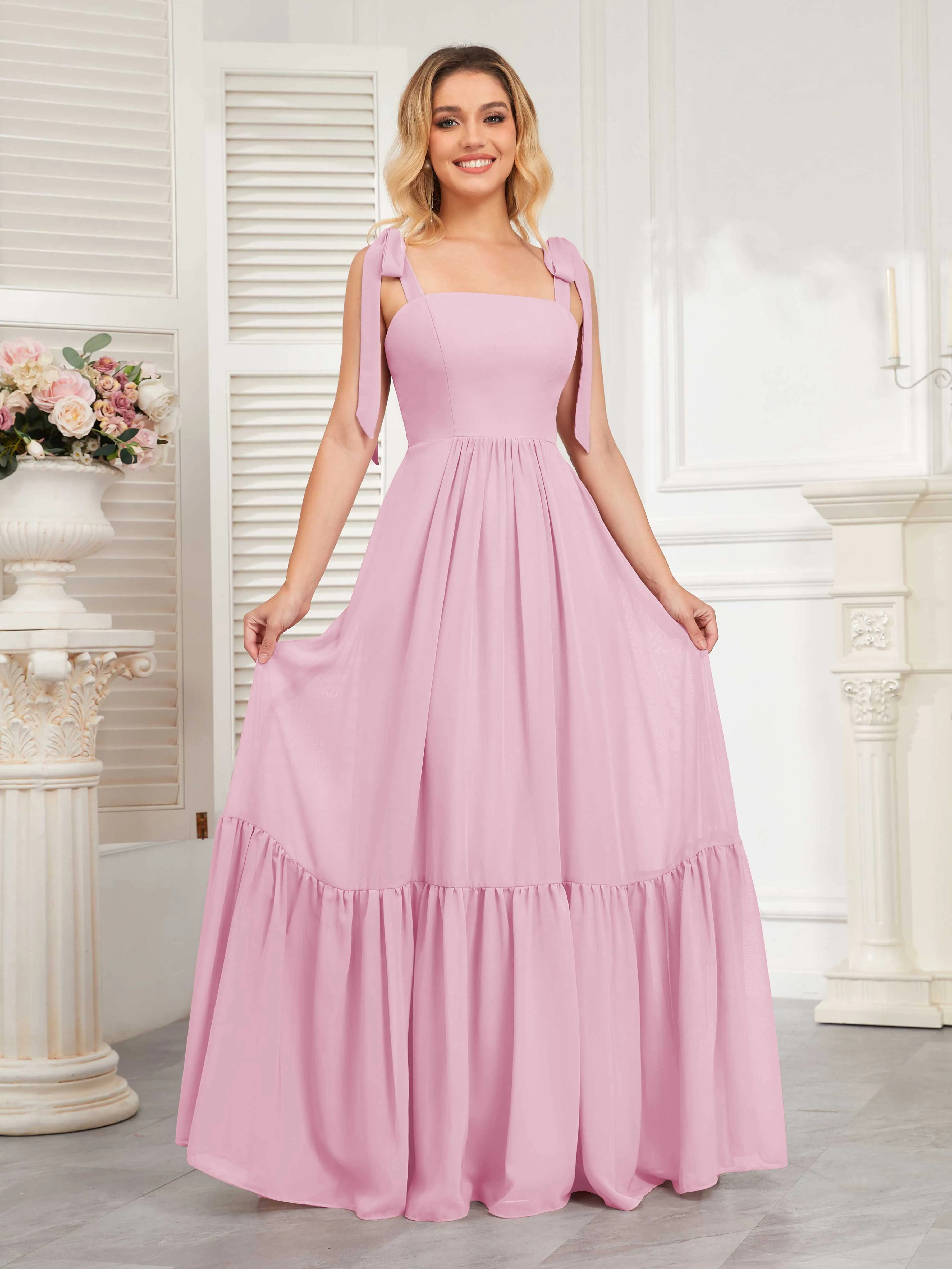 Aitana Flowing Square Neckline Long Chiffon Bridesmaid Dresses