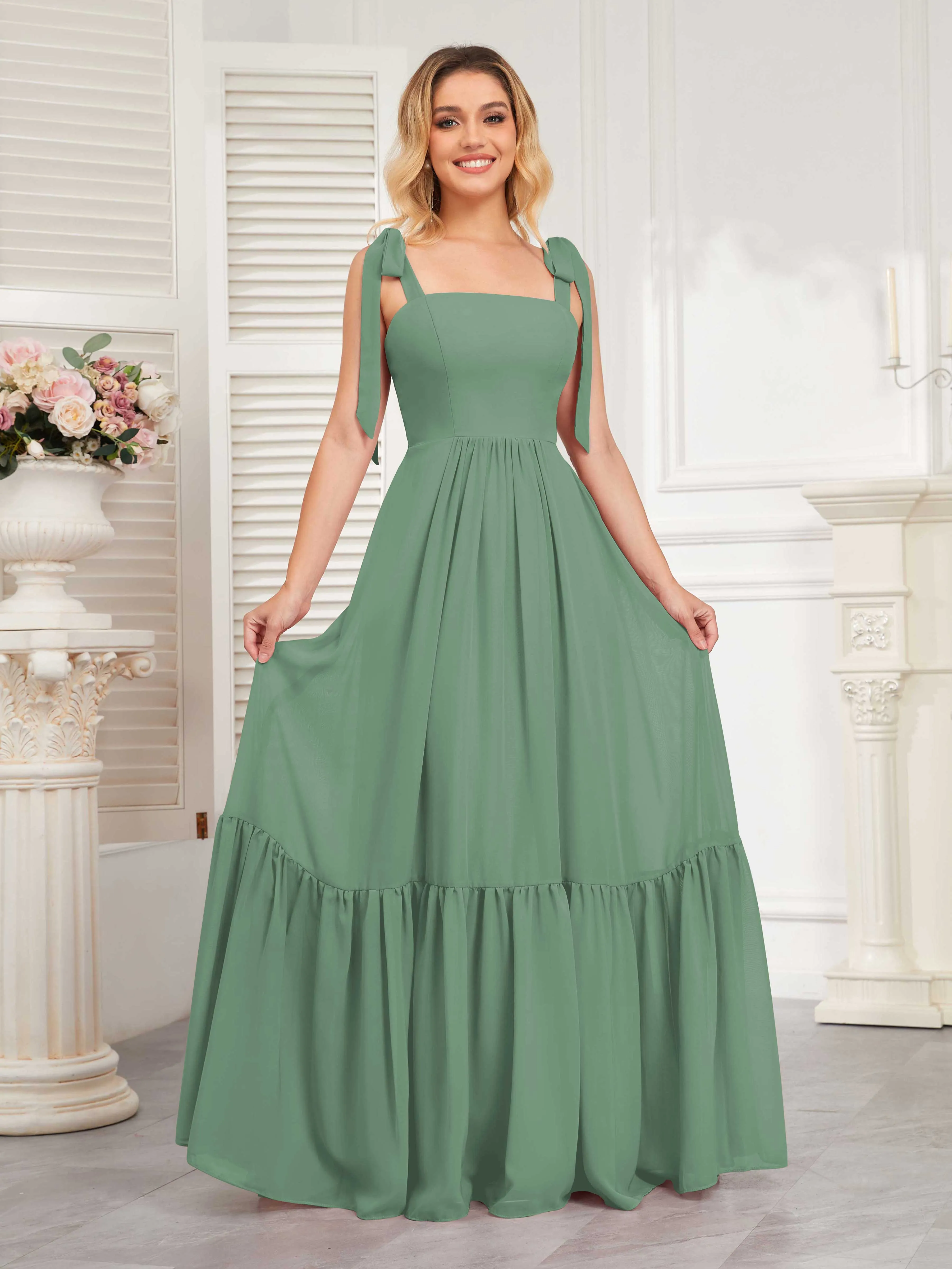 Aitana Flowing Square Neckline Long Chiffon Bridesmaid Dresses