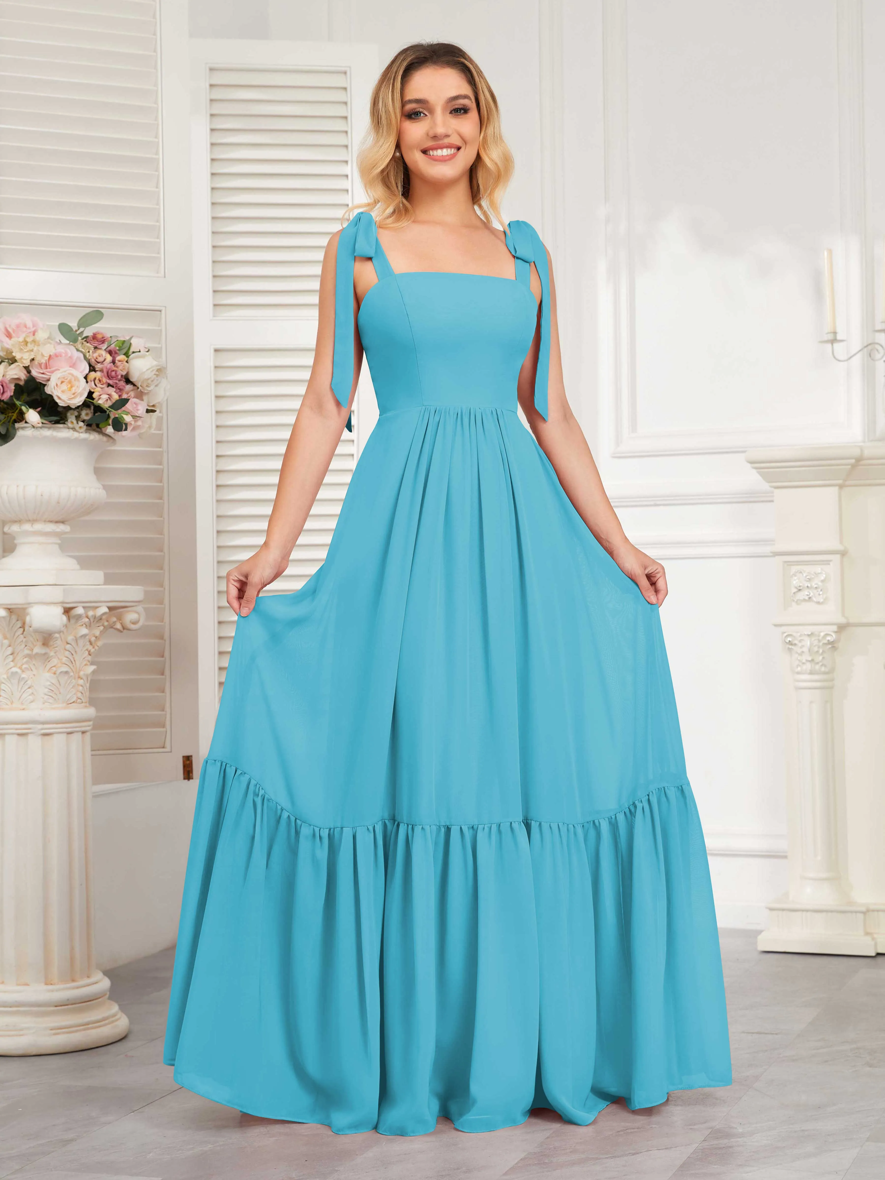 Aitana Flowing Square Neckline Long Chiffon Bridesmaid Dresses