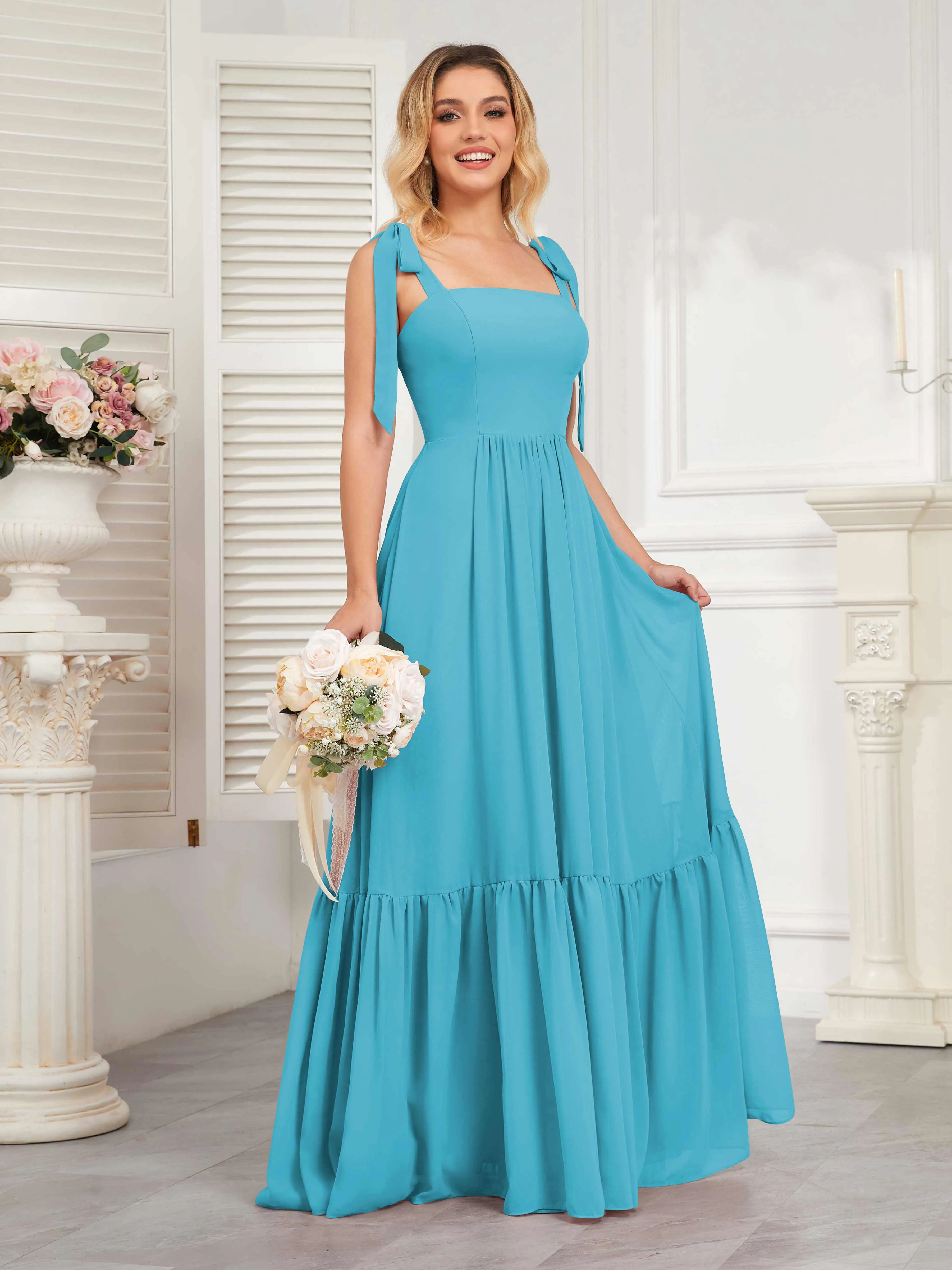 Aitana Flowing Square Neckline Long Chiffon Bridesmaid Dresses