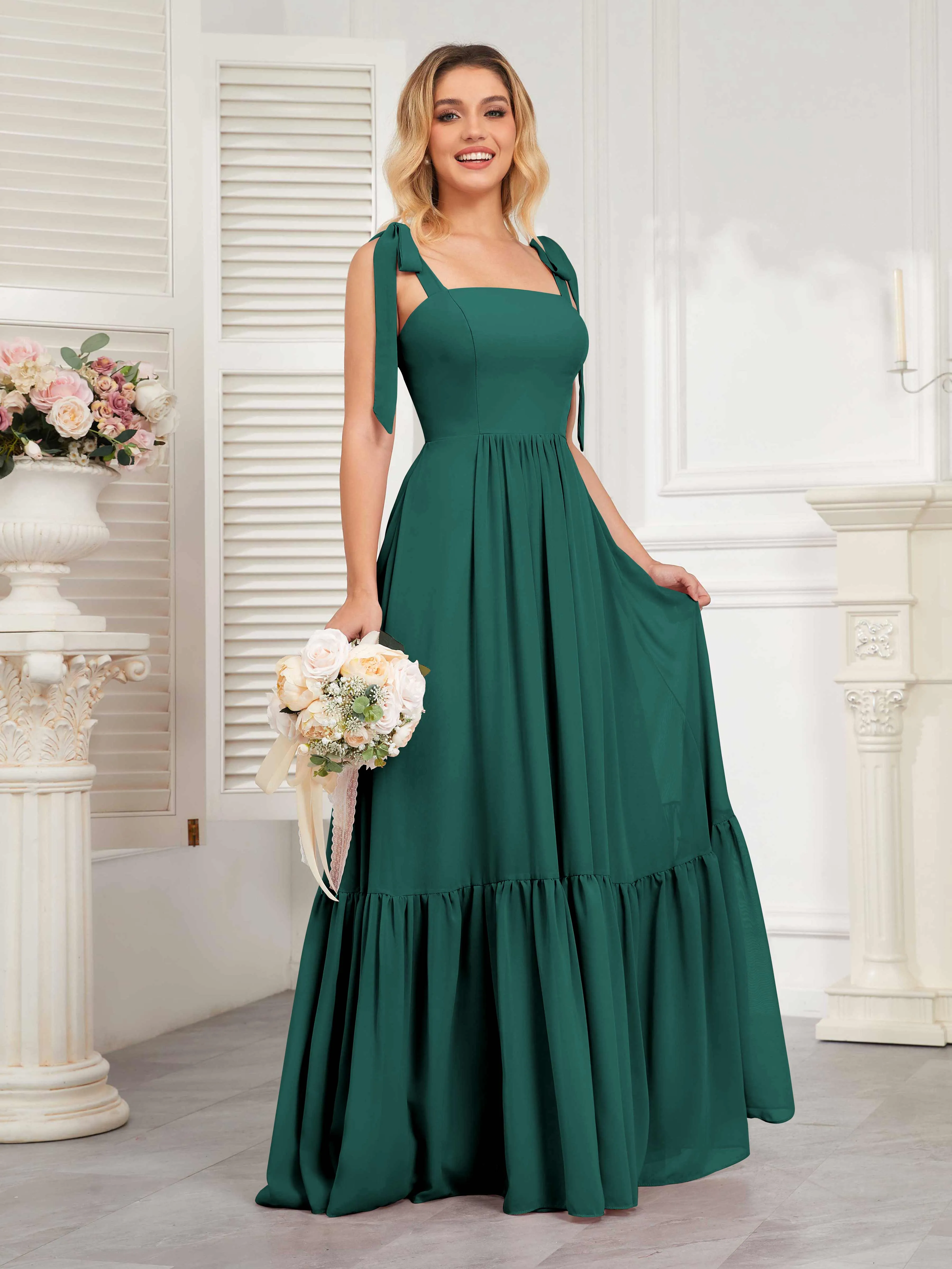 Aitana Flowing Square Neckline Long Chiffon Bridesmaid Dresses