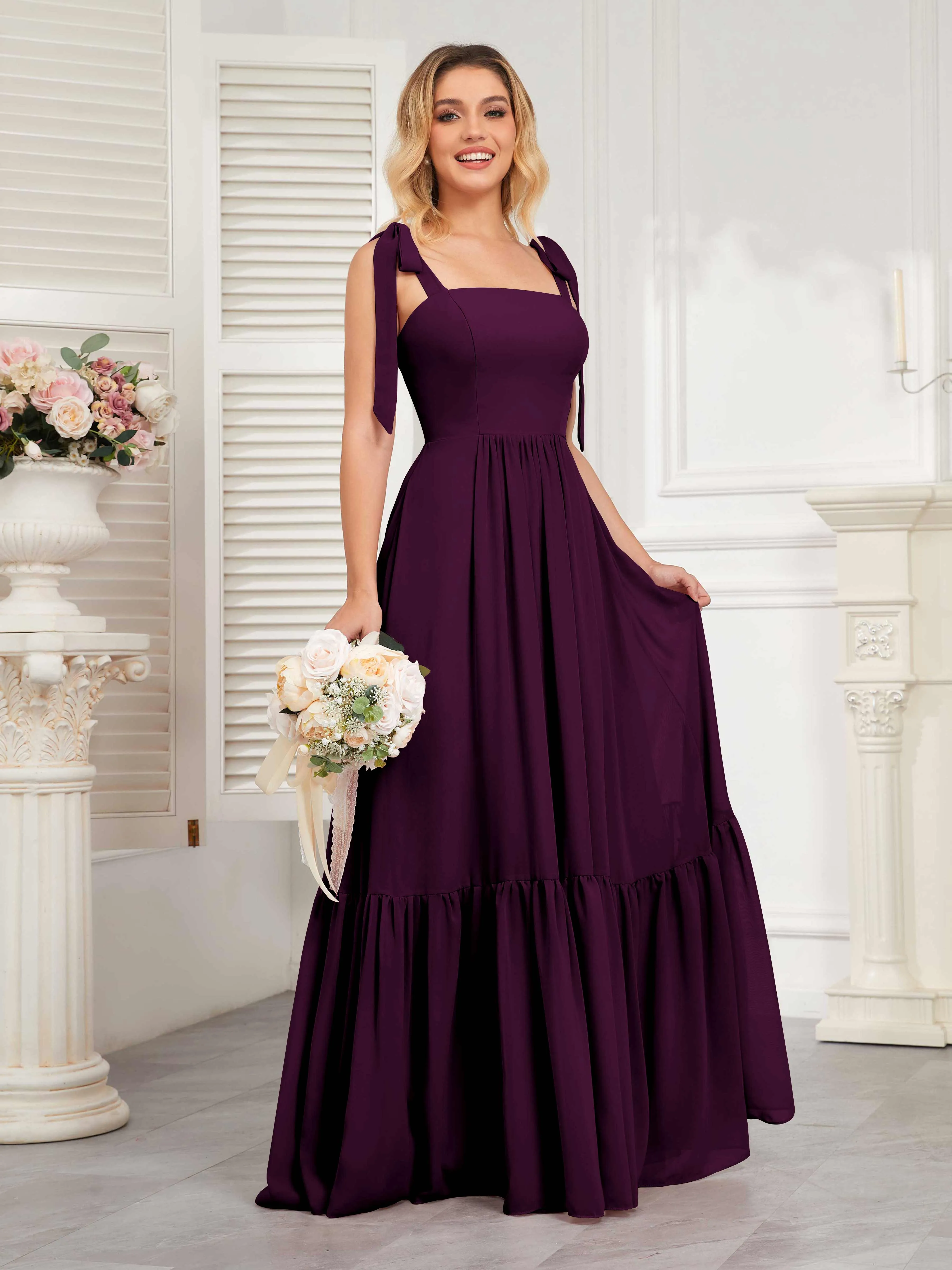 Aitana Flowing Square Neckline Long Chiffon Bridesmaid Dresses