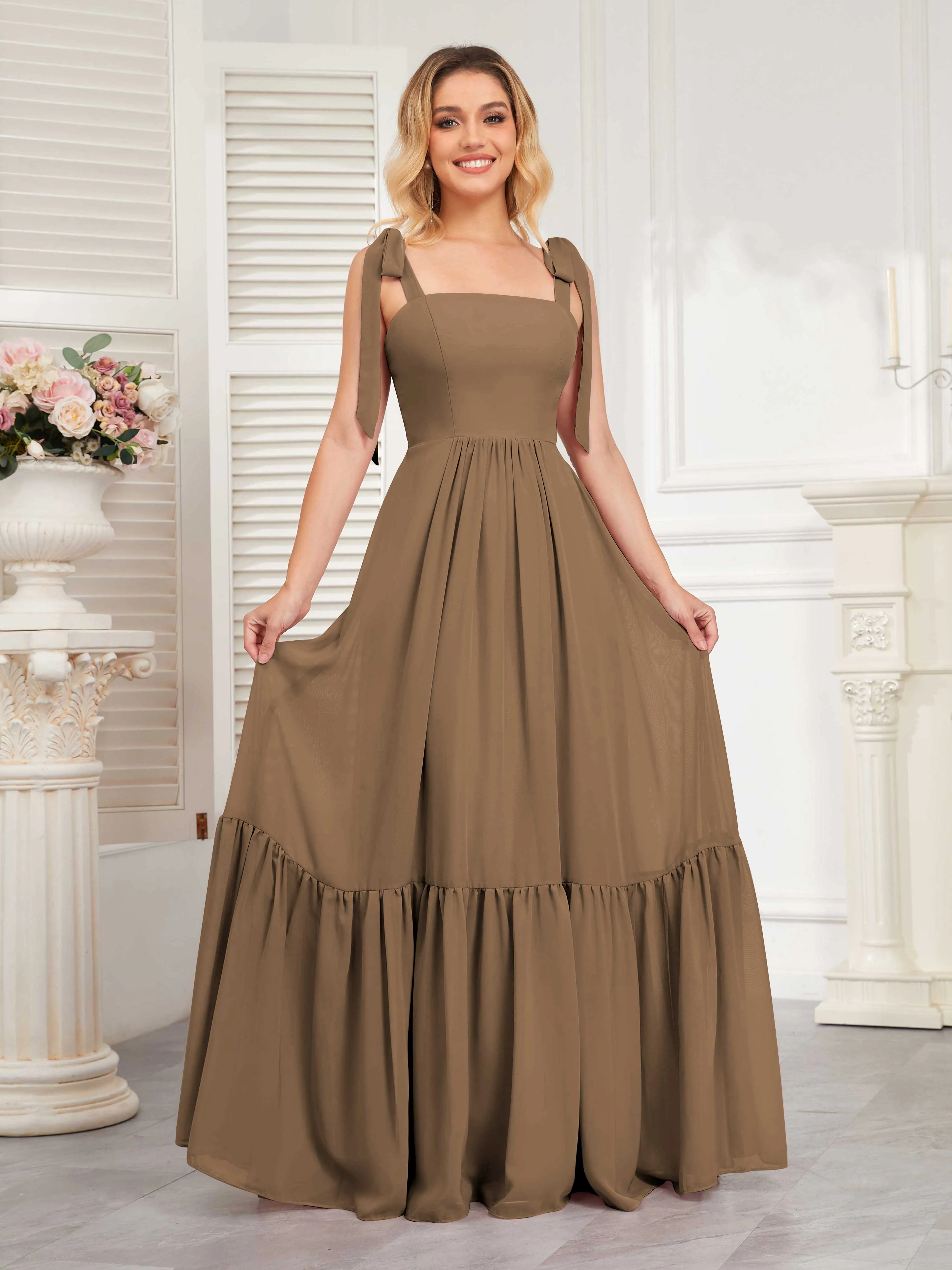 Aitana Flowing Square Neckline Long Chiffon Bridesmaid Dresses