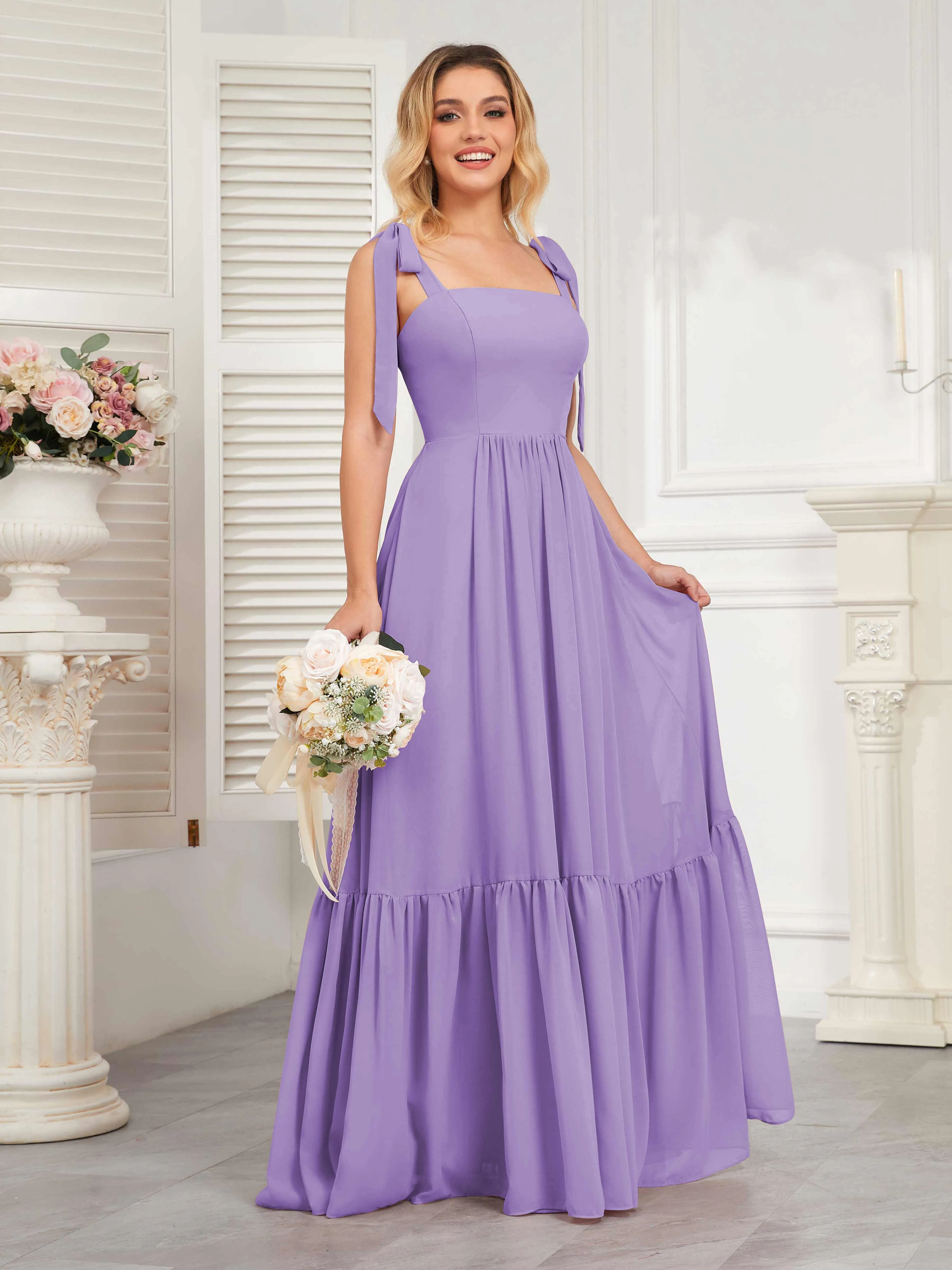 Aitana Flowing Square Neckline Long Chiffon Bridesmaid Dresses